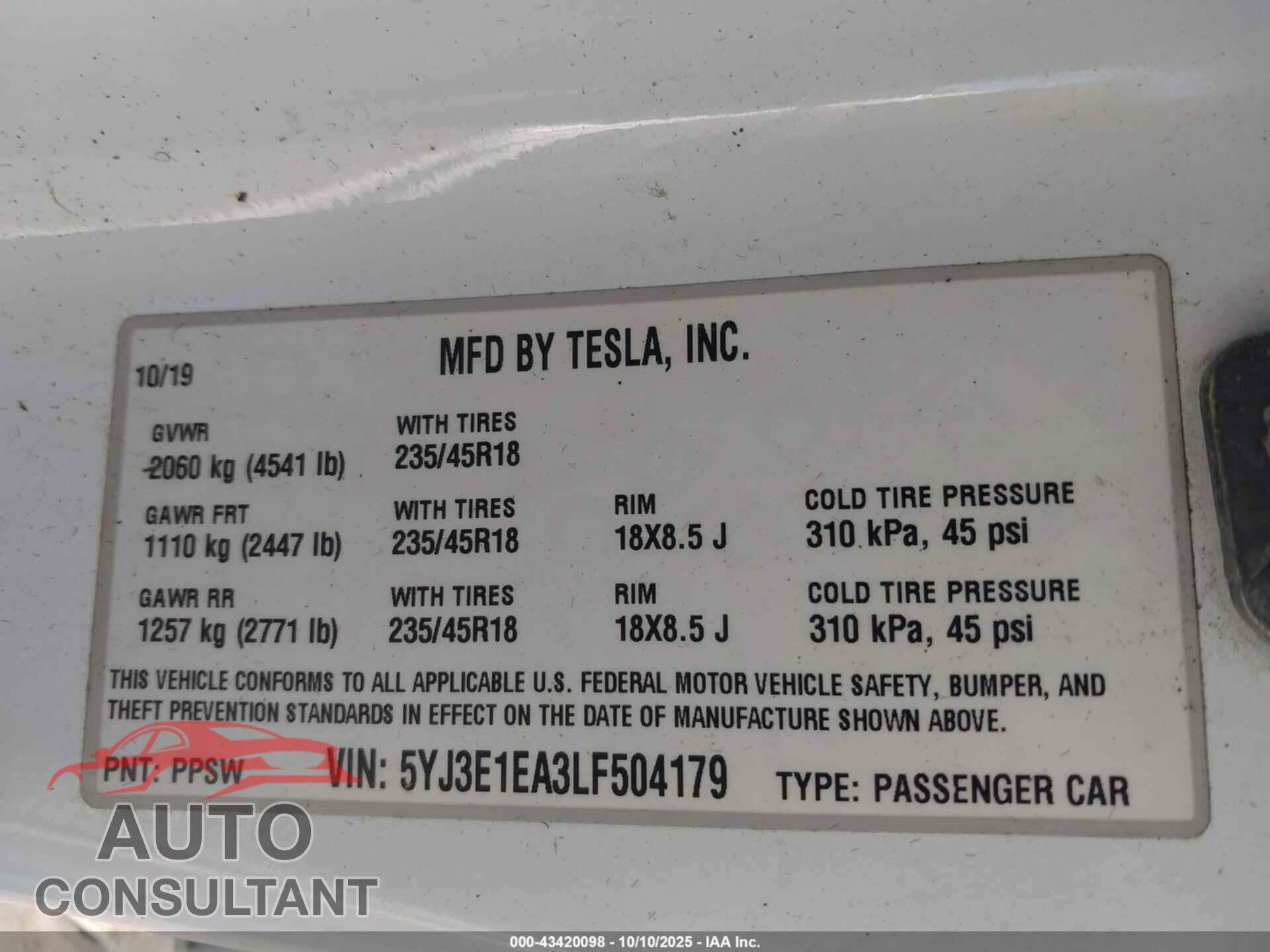 TESLA MODEL 3 2020 - 5YJ3E1EA3LF504179