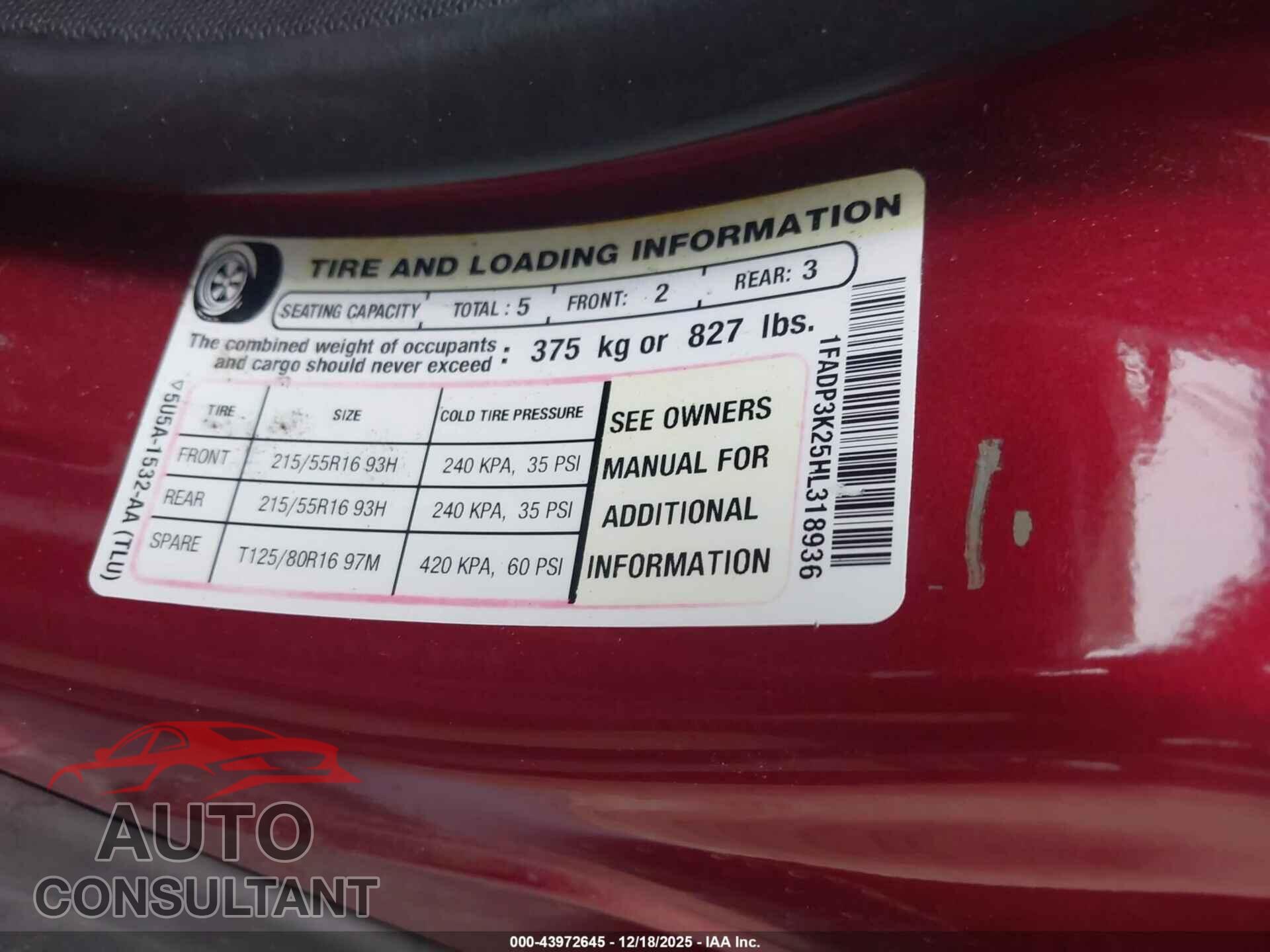 FORD FOCUS 2017 - 1FADP3K25HL318936