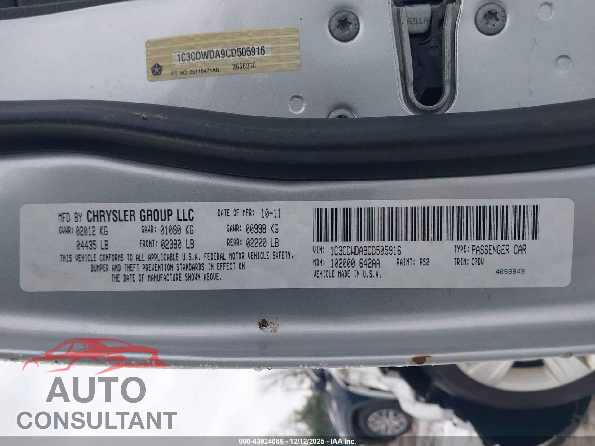DODGE CALIBER 2012 - 1C3CDWDA9CD505916