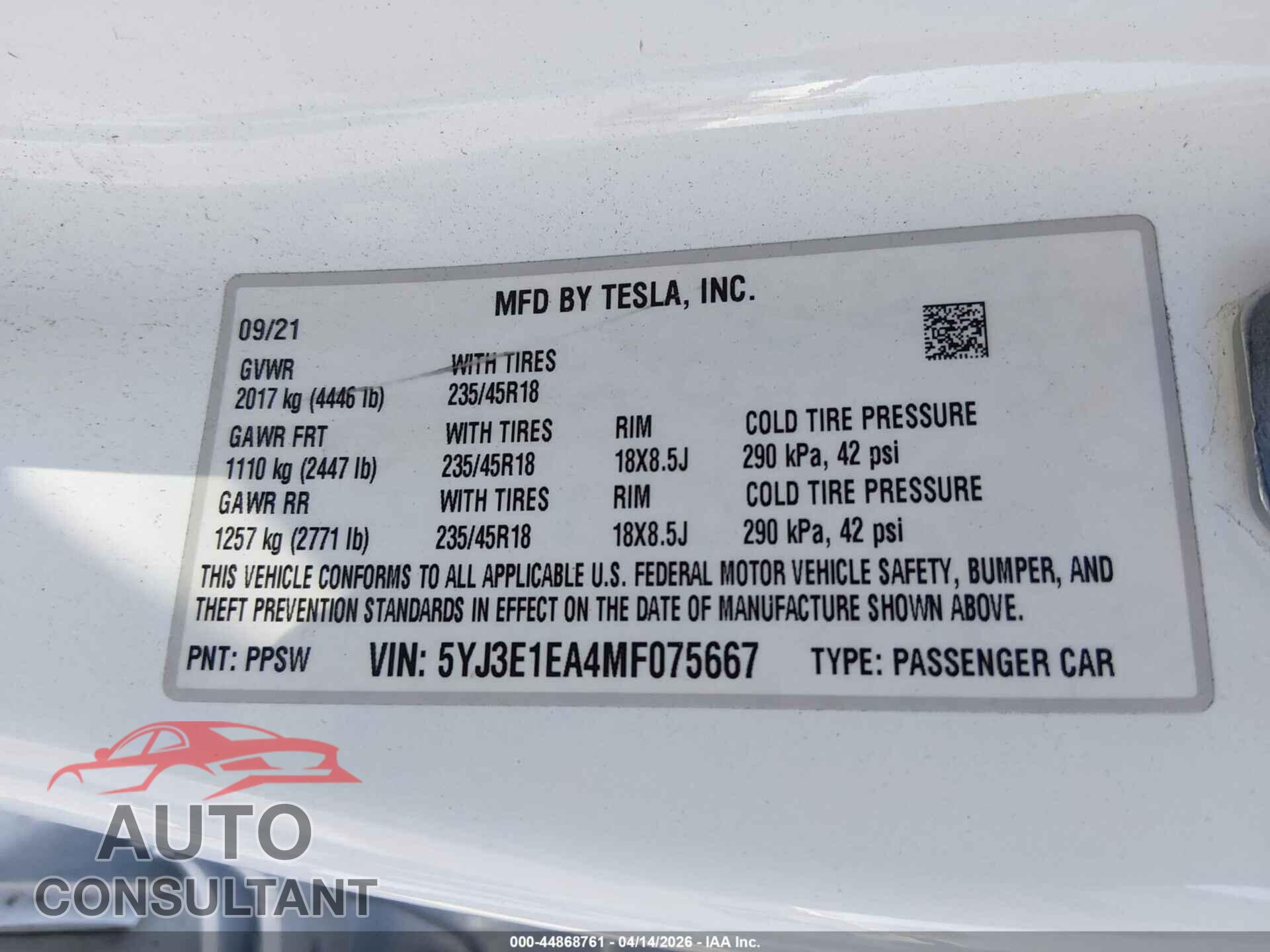 TESLA MODEL 3 2021 - 5YJ3E1EA4MF075667