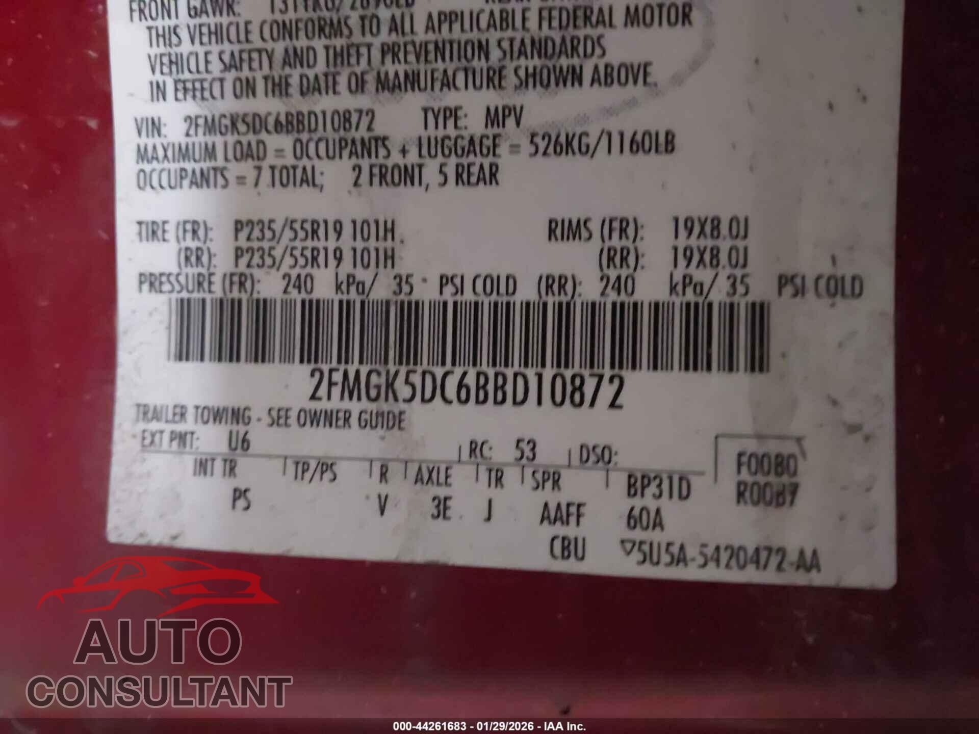 FORD FLEX 2011 - 2FMGK5DC6BBD10872