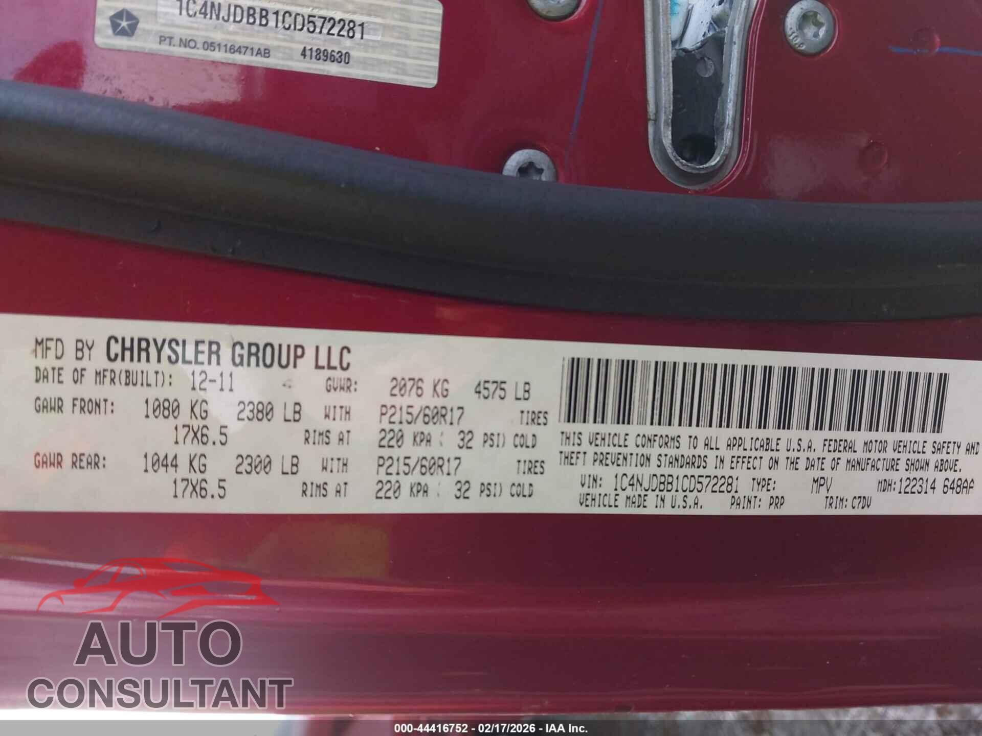 JEEP COMPASS 2012 - 1C4NJDBB1CD572281