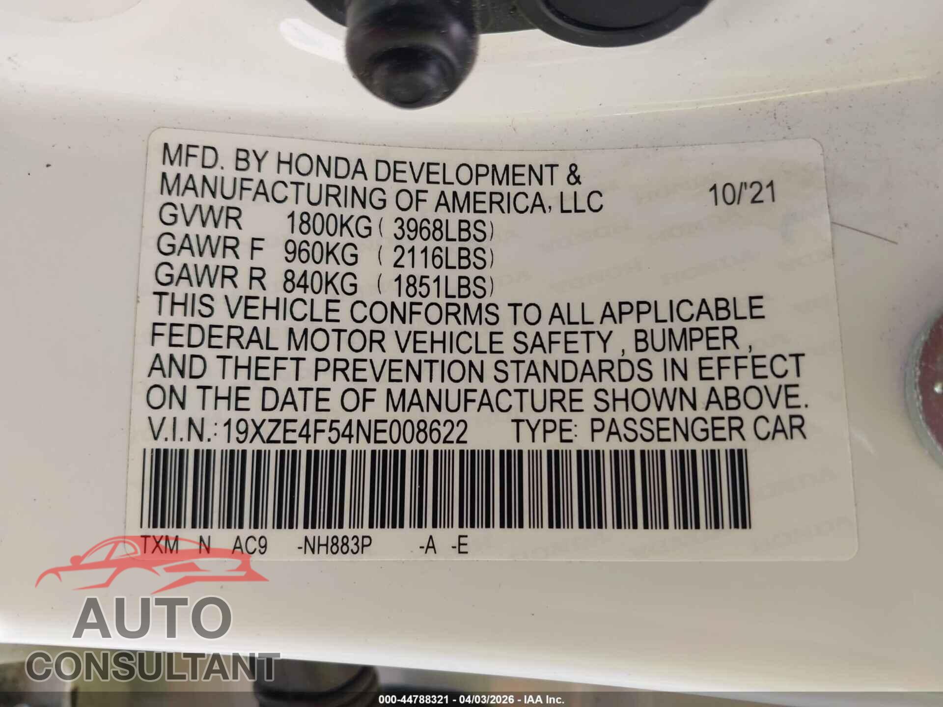 HONDA INSIGHT 2022 - 19XZE4F54NE008622