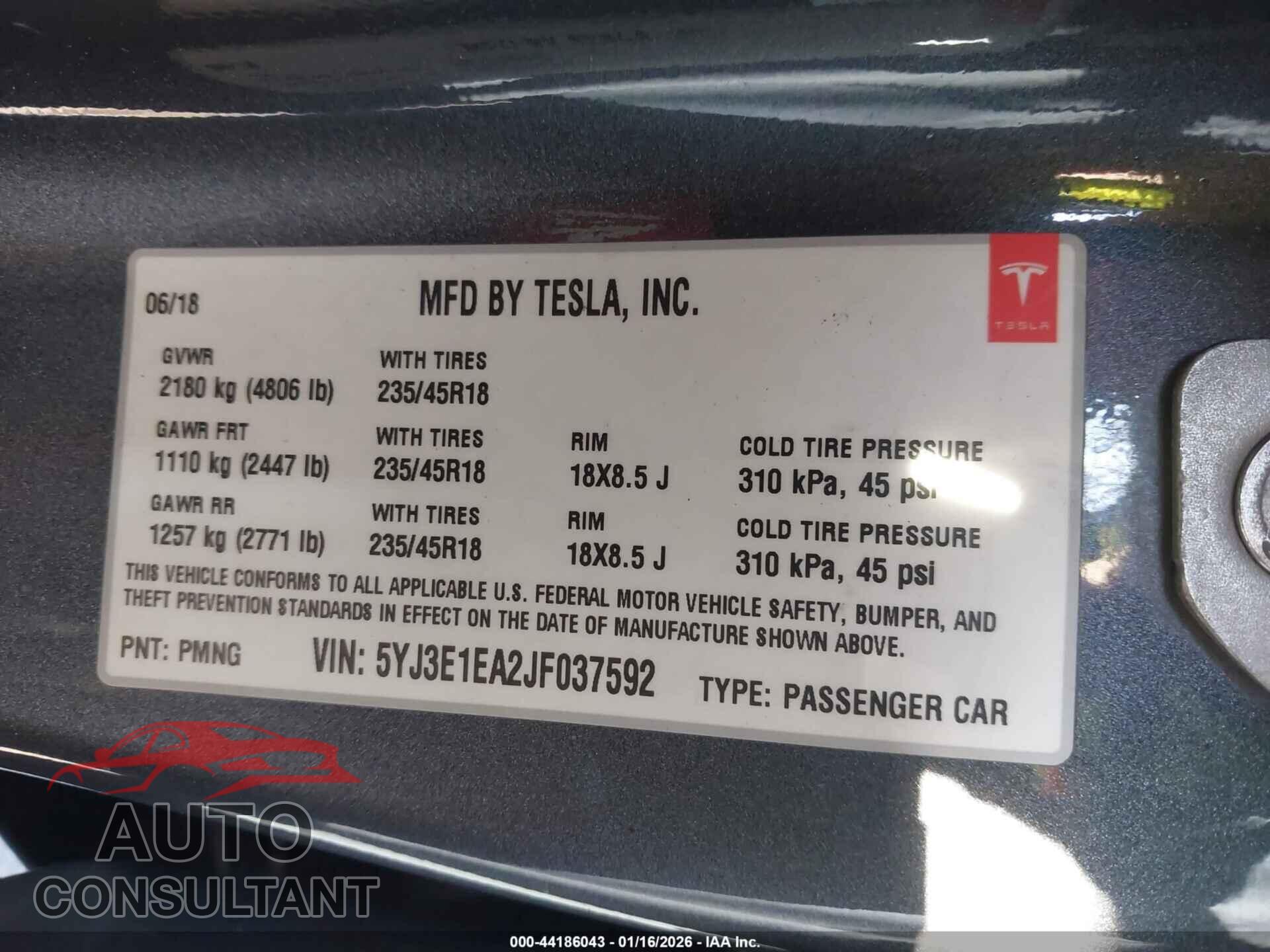 TESLA MODEL 3 2018 - 5YJ3E1EA2JF037592