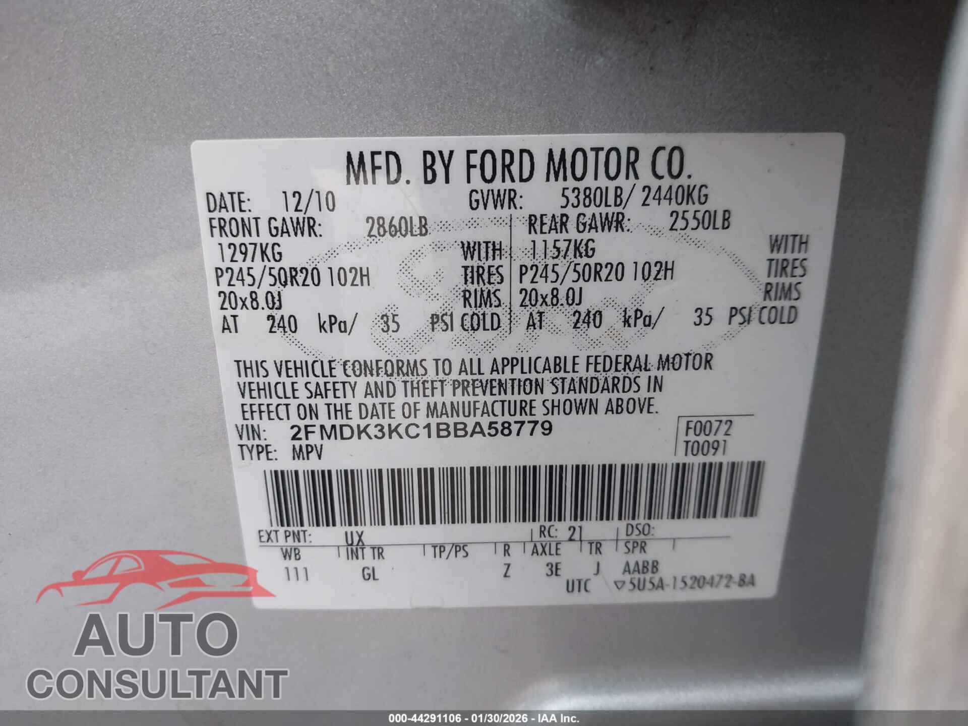 FORD EDGE 2011 - 2FMDK3KC1BBA58779