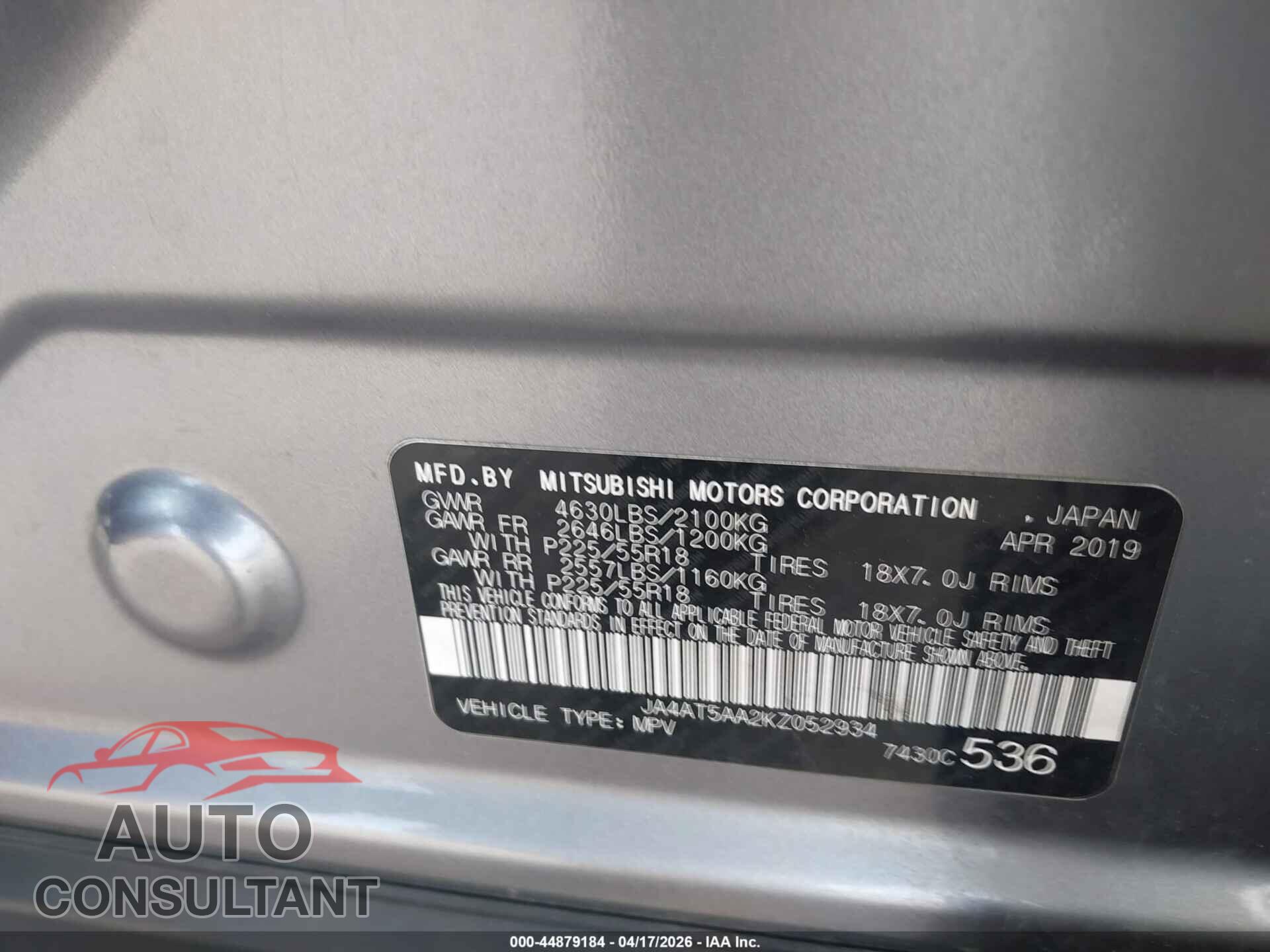 MITSUBISHI ECLIPSE CROSS 2019 - JA4AT5AA2KZ052934