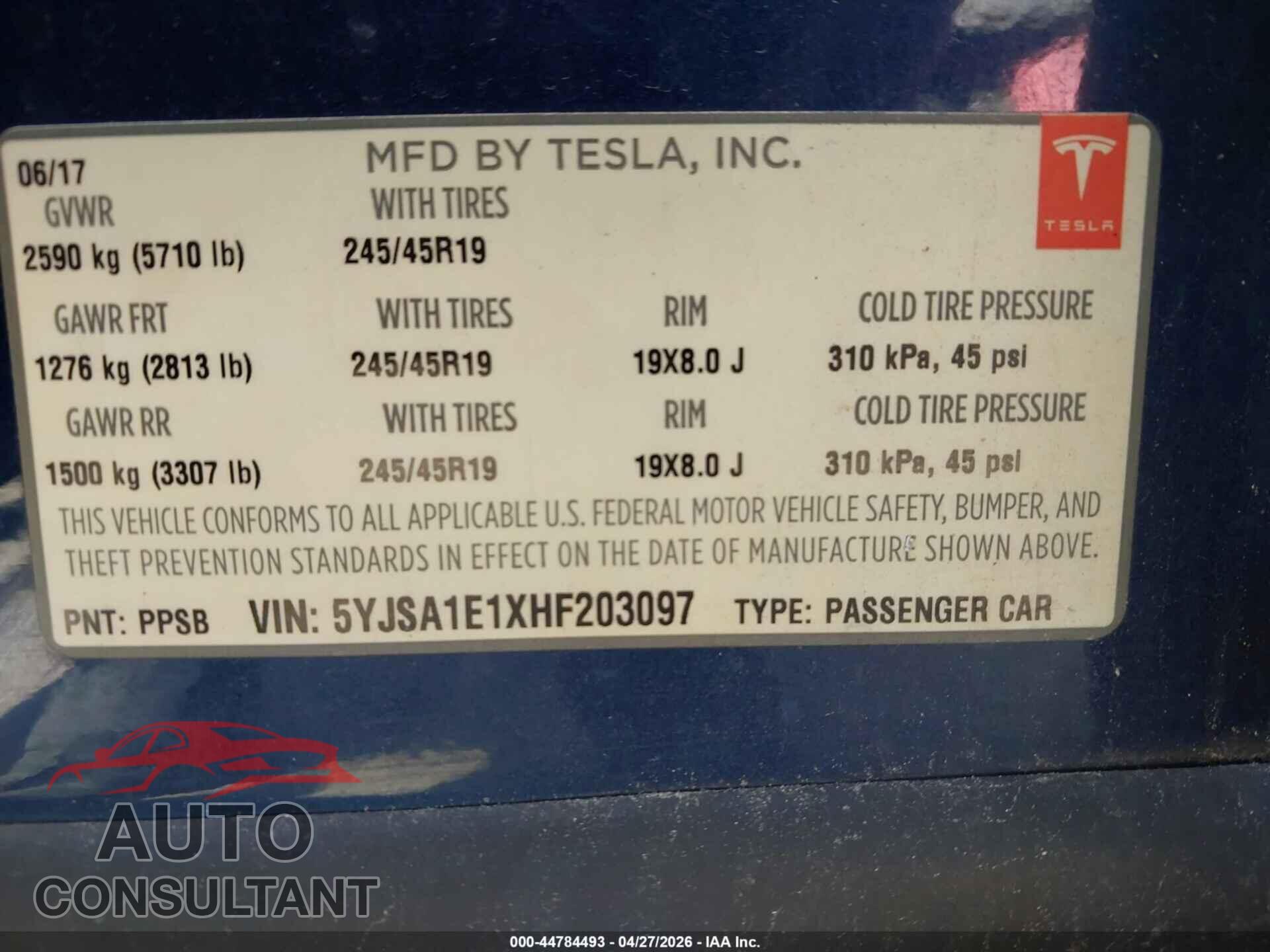 TESLA MODEL S 2017 - 5YJSA1E1XHF203097