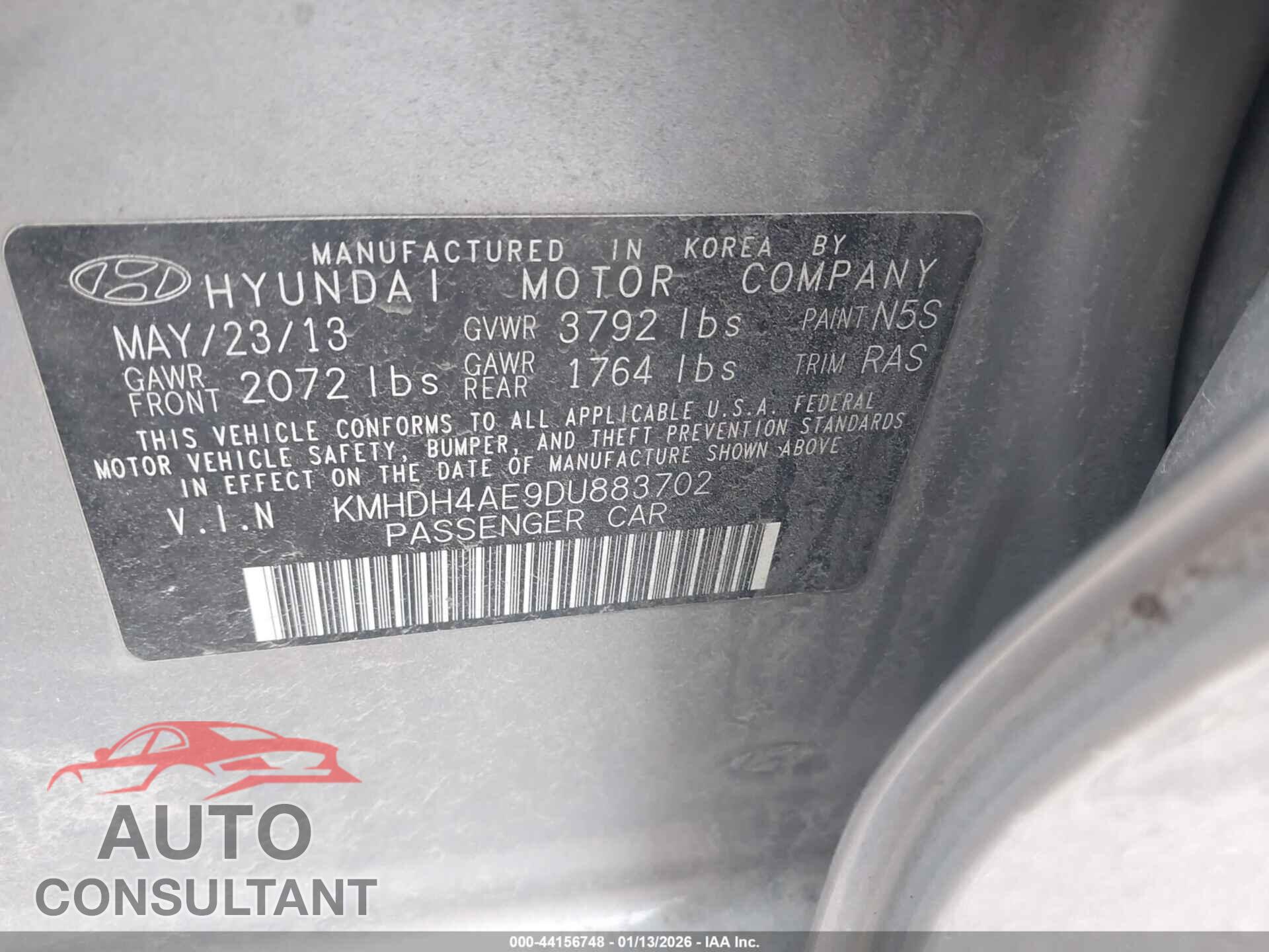 HYUNDAI ELANTRA 2013 - KMHDH4AE9DU883702