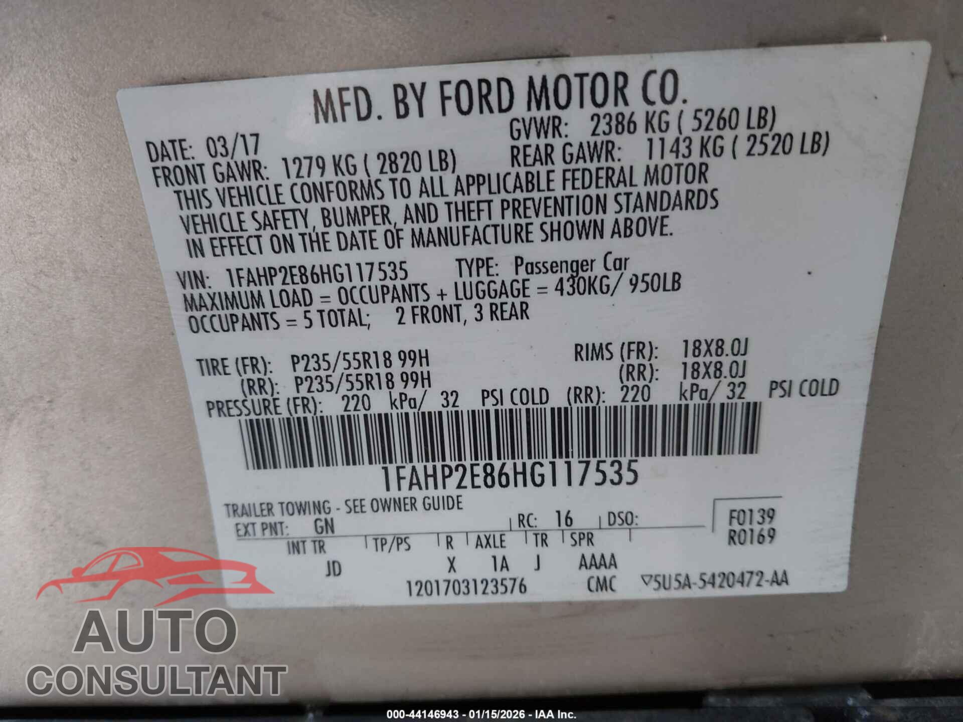 FORD TAURUS 2017 - 1FAHP2E86HG117535