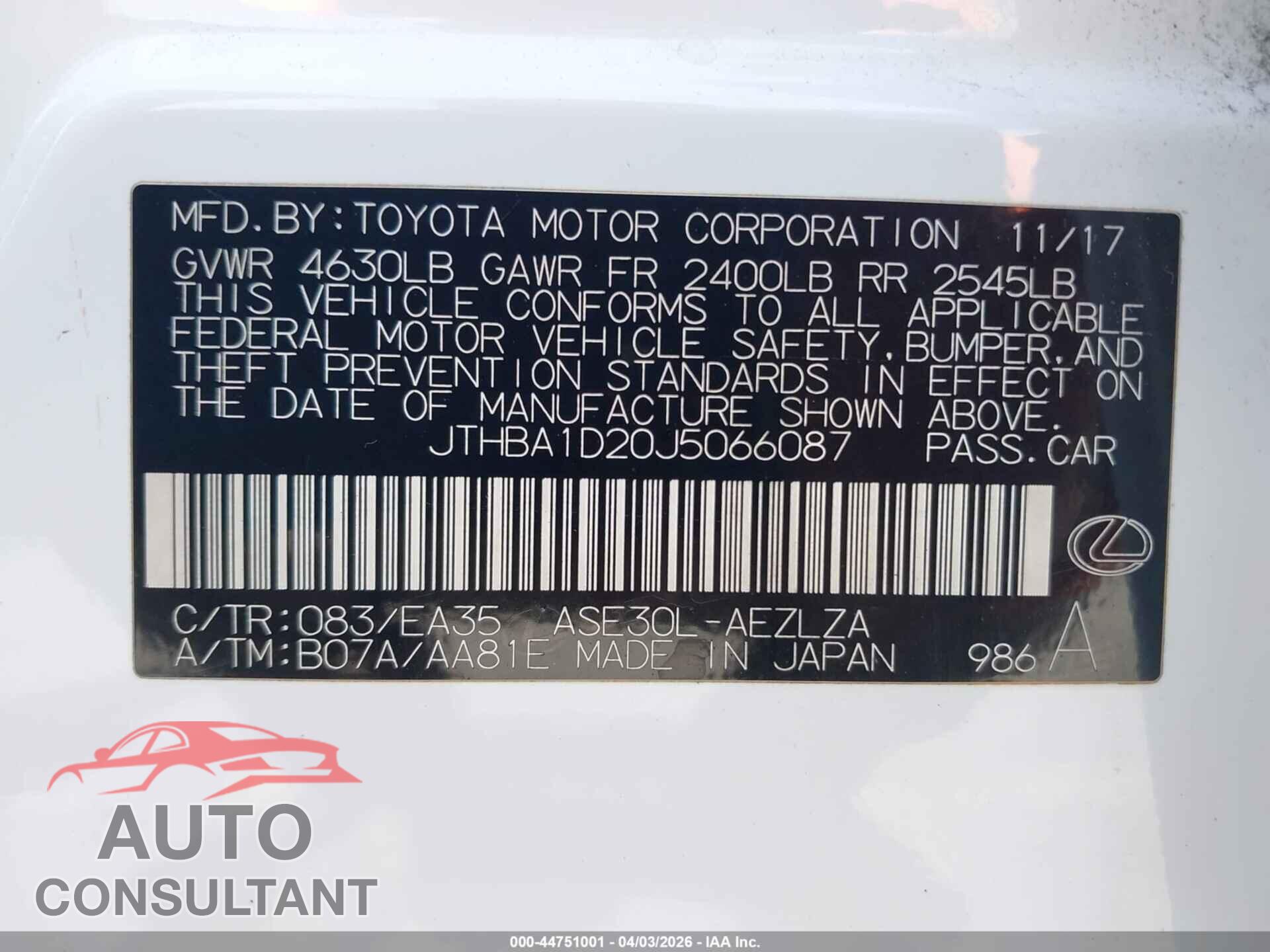 LEXUS IS 300 2018 - JTHBA1D20J5066087
