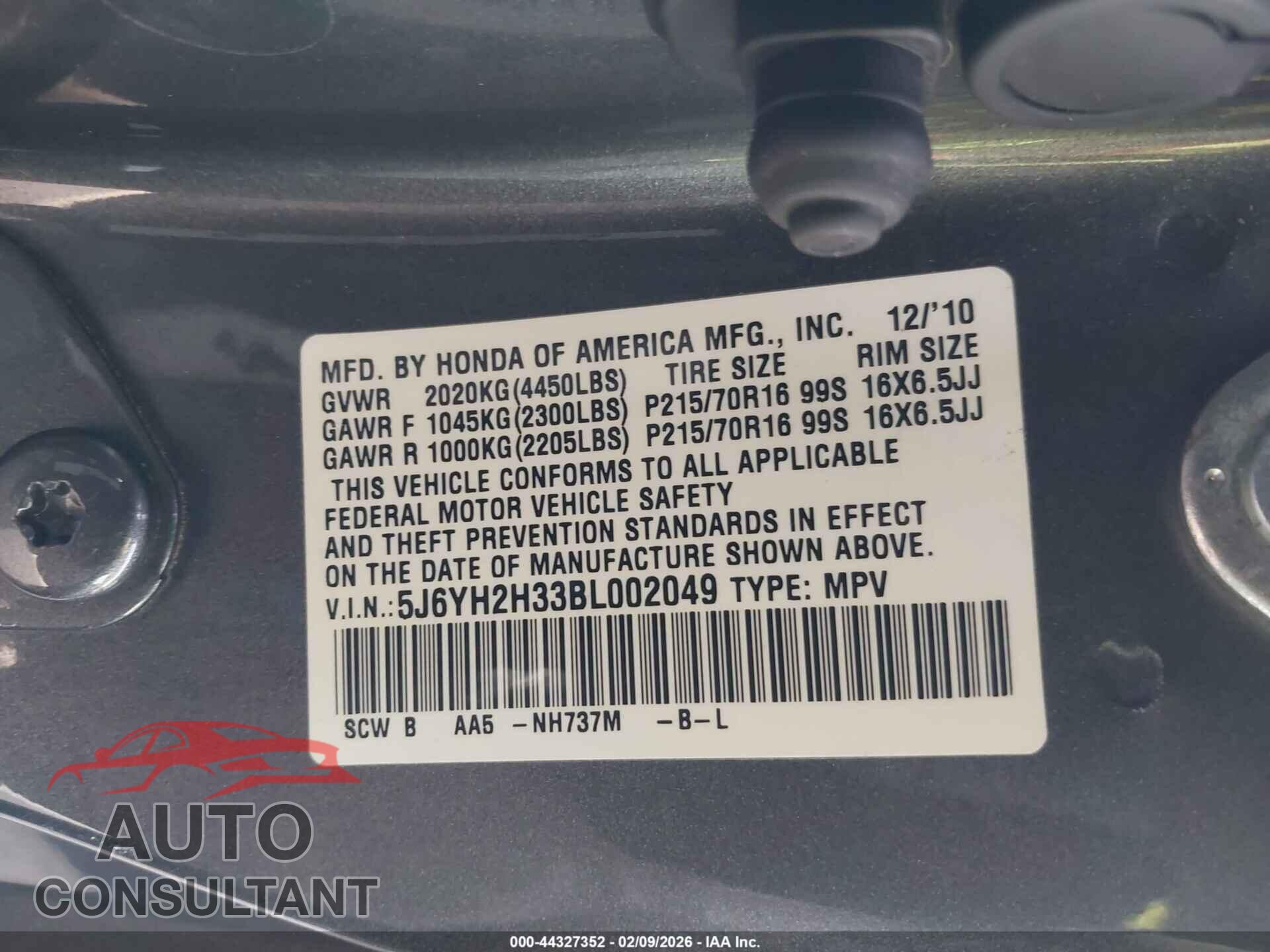 HONDA ELEMENT 2011 - 5J6YH2H33BL002049