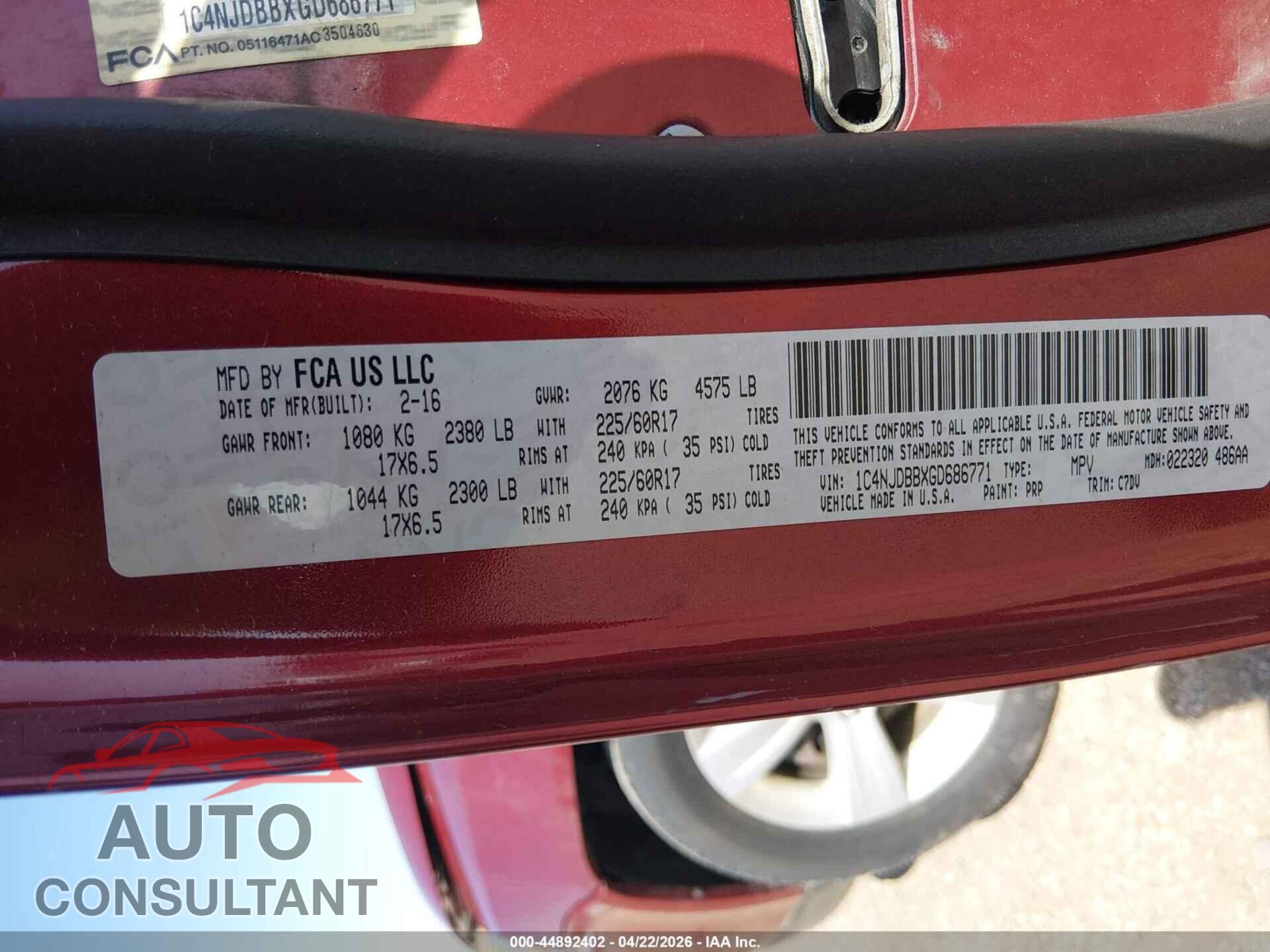 JEEP COMPASS 2016 - 1C4NJDBBXGD686771