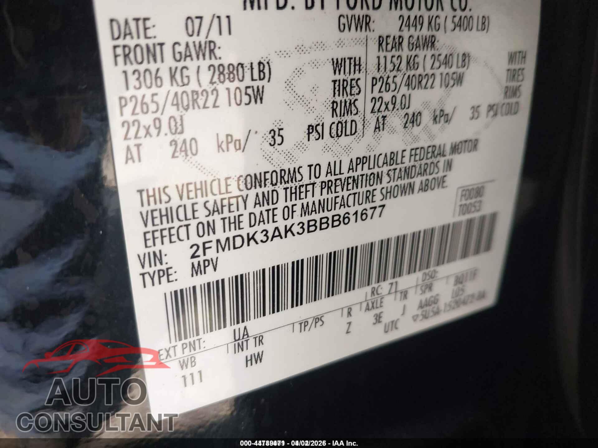 FORD EDGE 2011 - 2FMDK3AK3BBB61677