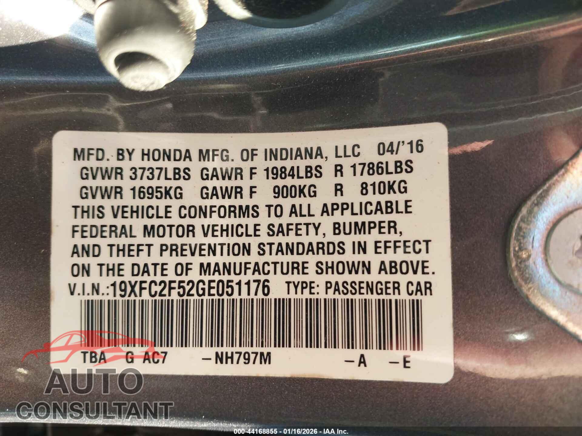 HONDA CIVIC 2016 - 19XFC2F52GE051176