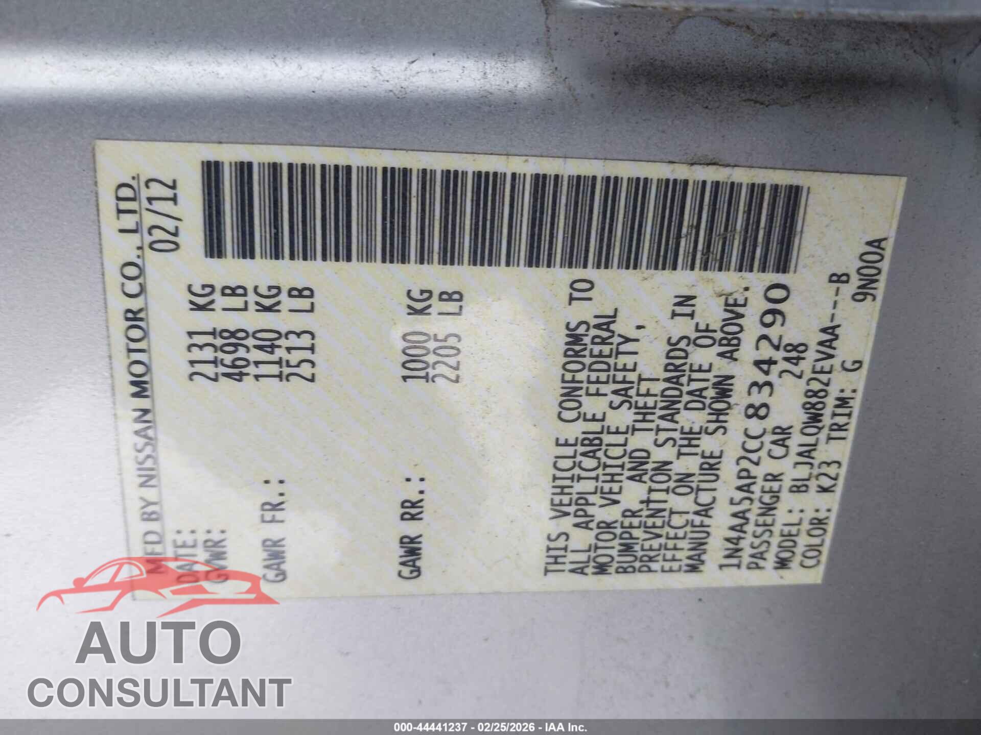 NISSAN MAXIMA 2012 - 1N4AA5AP2CC834290