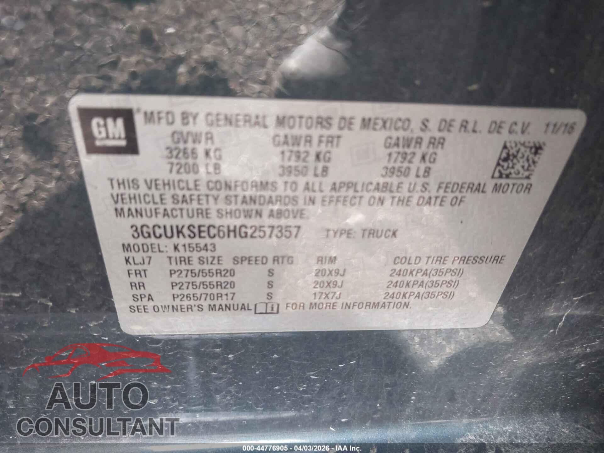 CHEVROLET SILVERADO 1500 2017 - 3GCUKSEC6HG257357