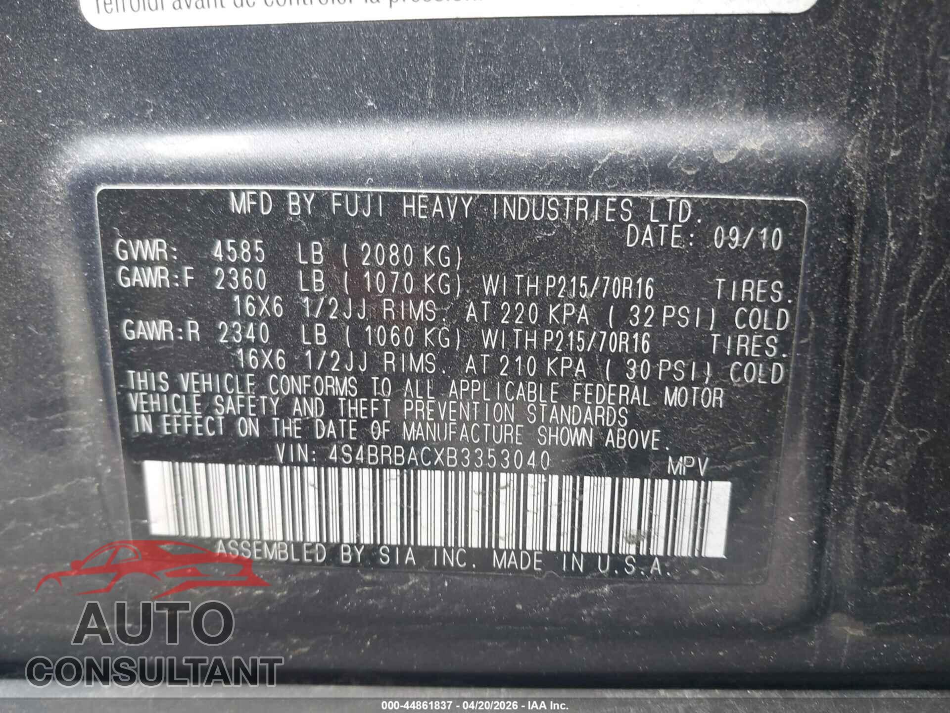 SUBARU OUTBACK 2011 - 4S4BRBACXB3353040