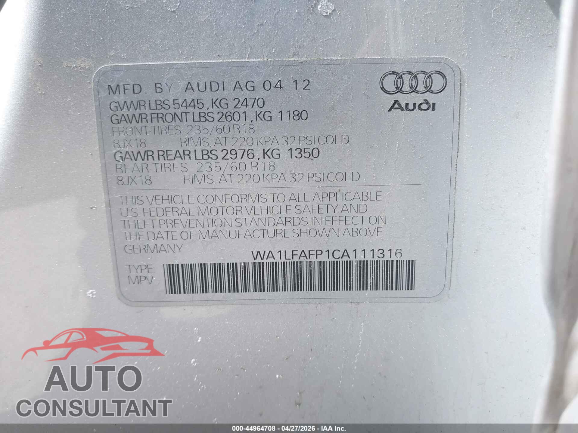 AUDI Q5 2012 - WA1LFAFP1CA111316