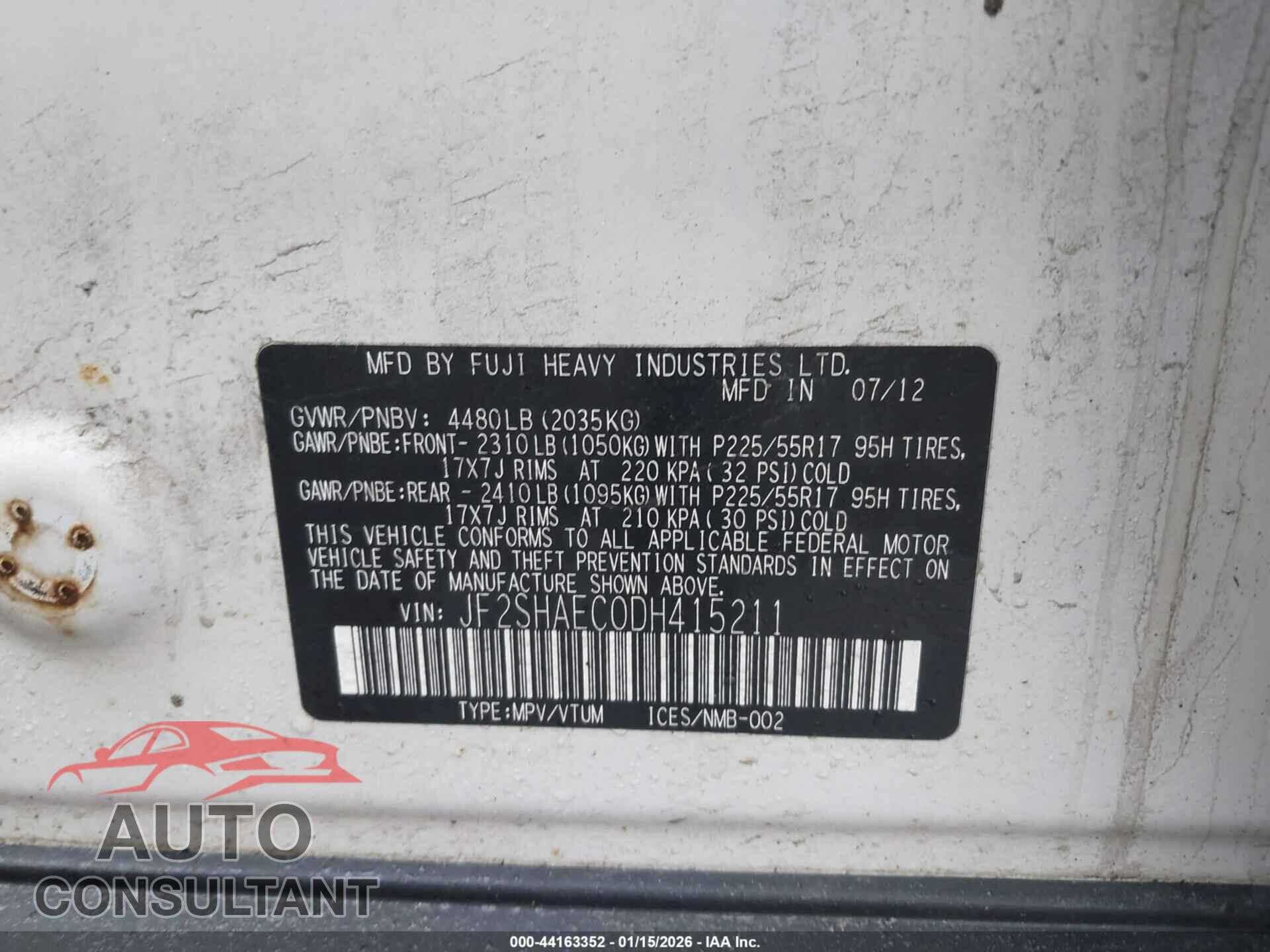 SUBARU FORESTER 2013 - JF2SHAEC0DH415211