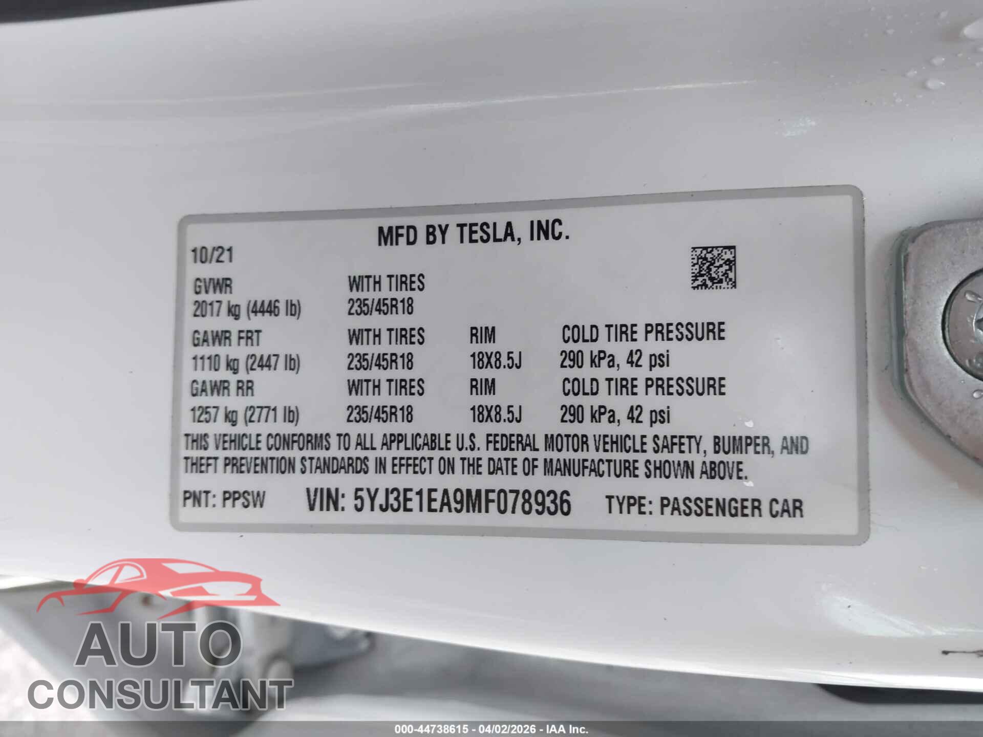 TESLA MODEL 3 2021 - 5YJ3E1EA9MF078936