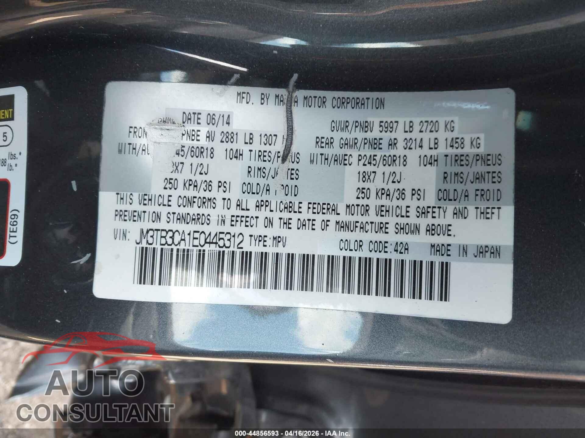 MAZDA CX-9 2014 - JM3TB3CA1E0445312
