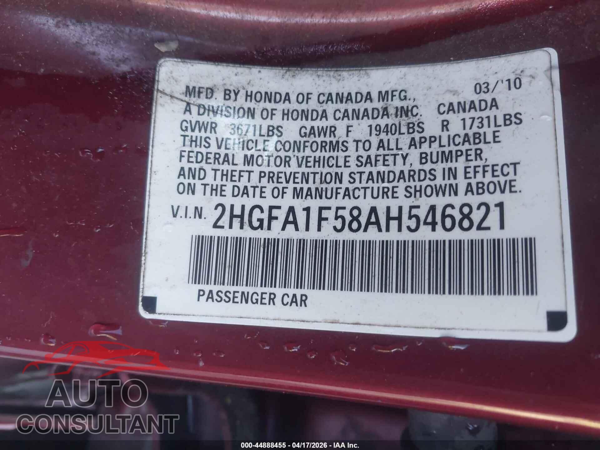 HONDA CIVIC 2010 - 2HGFA1F58AH546821