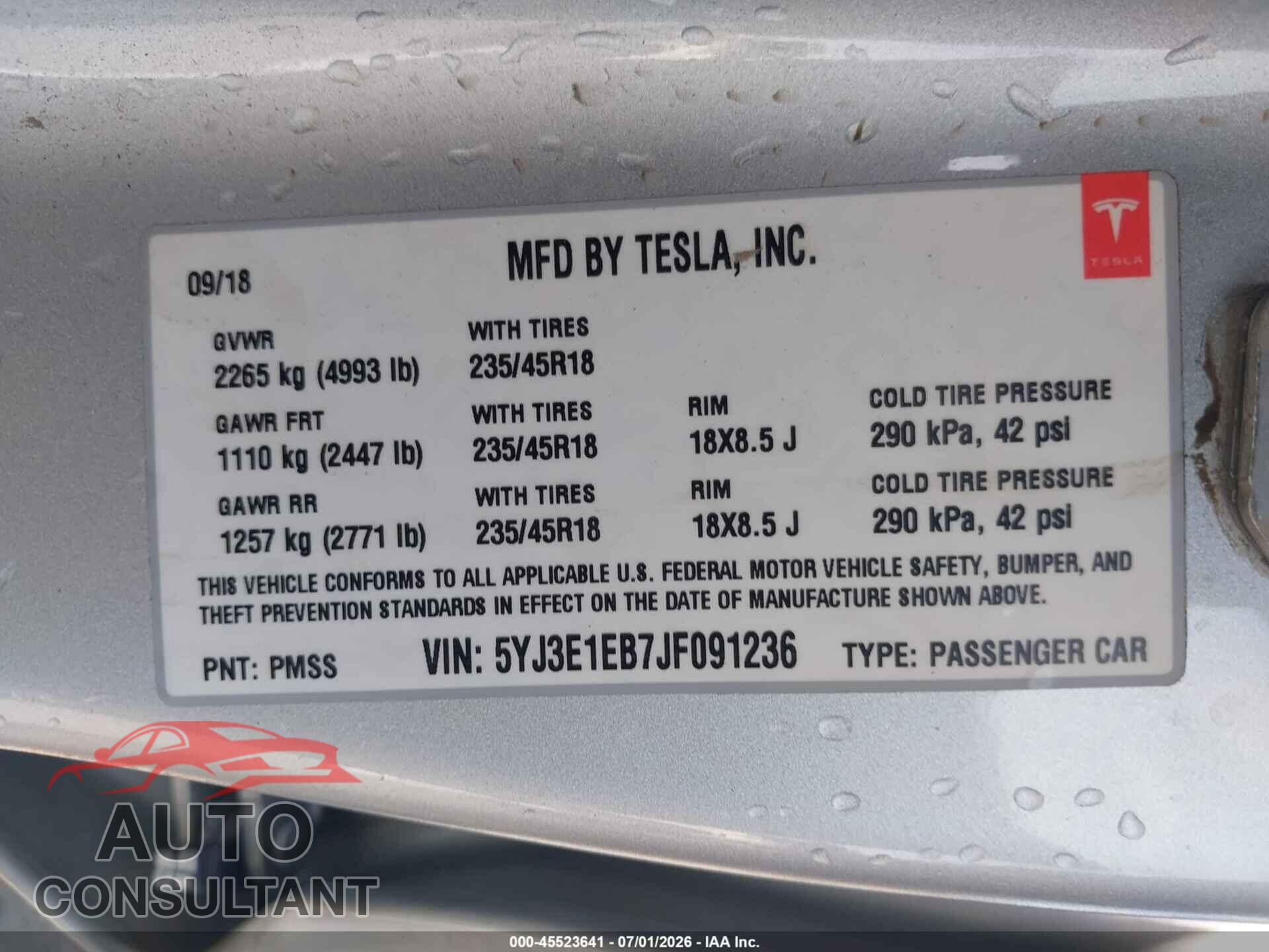 TESLA MODEL 3 2018 - 5YJ3E1EB7JF091236