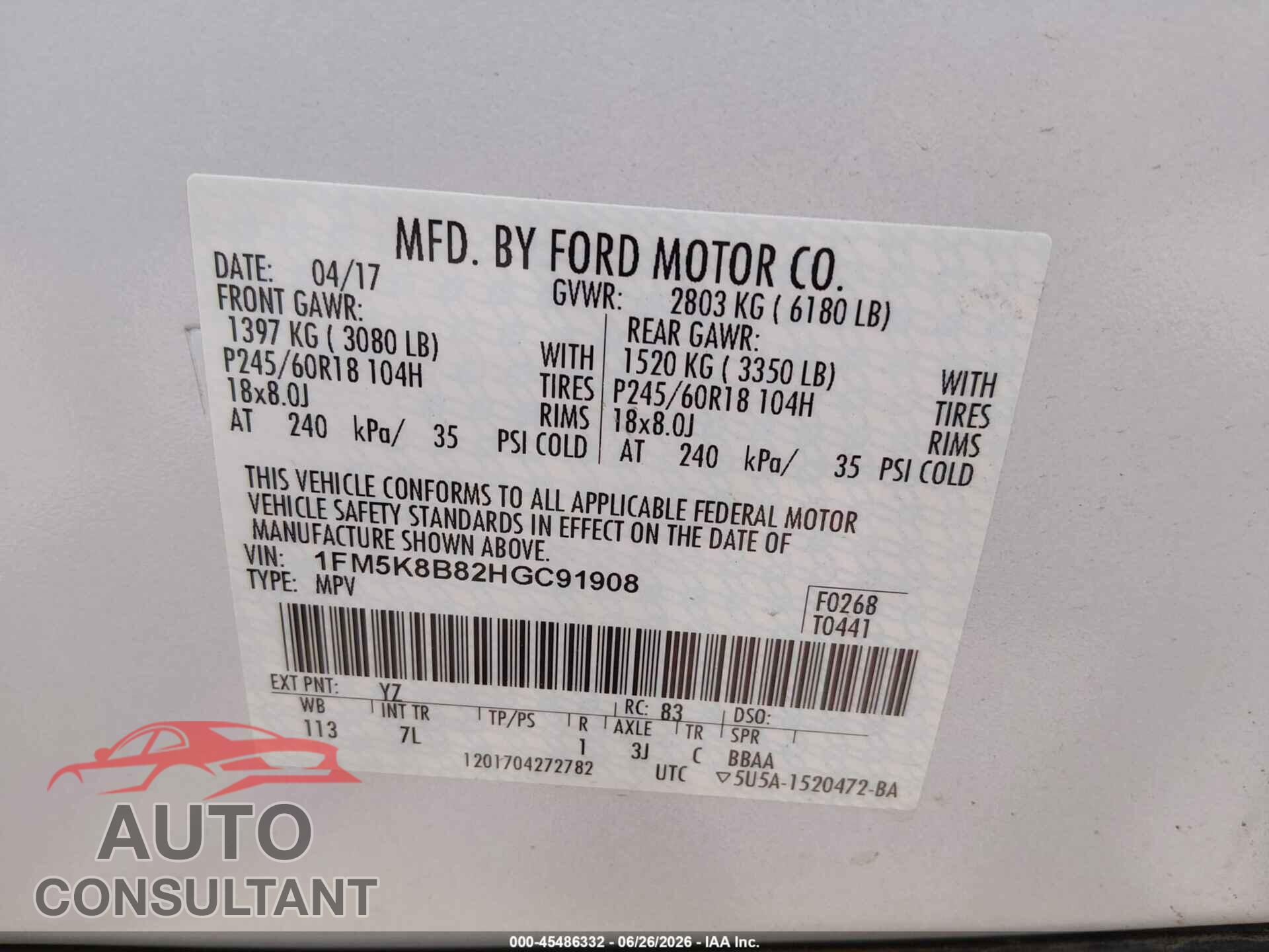 FORD EXPLORER 2017 - 1FM5K8B82HGC91908