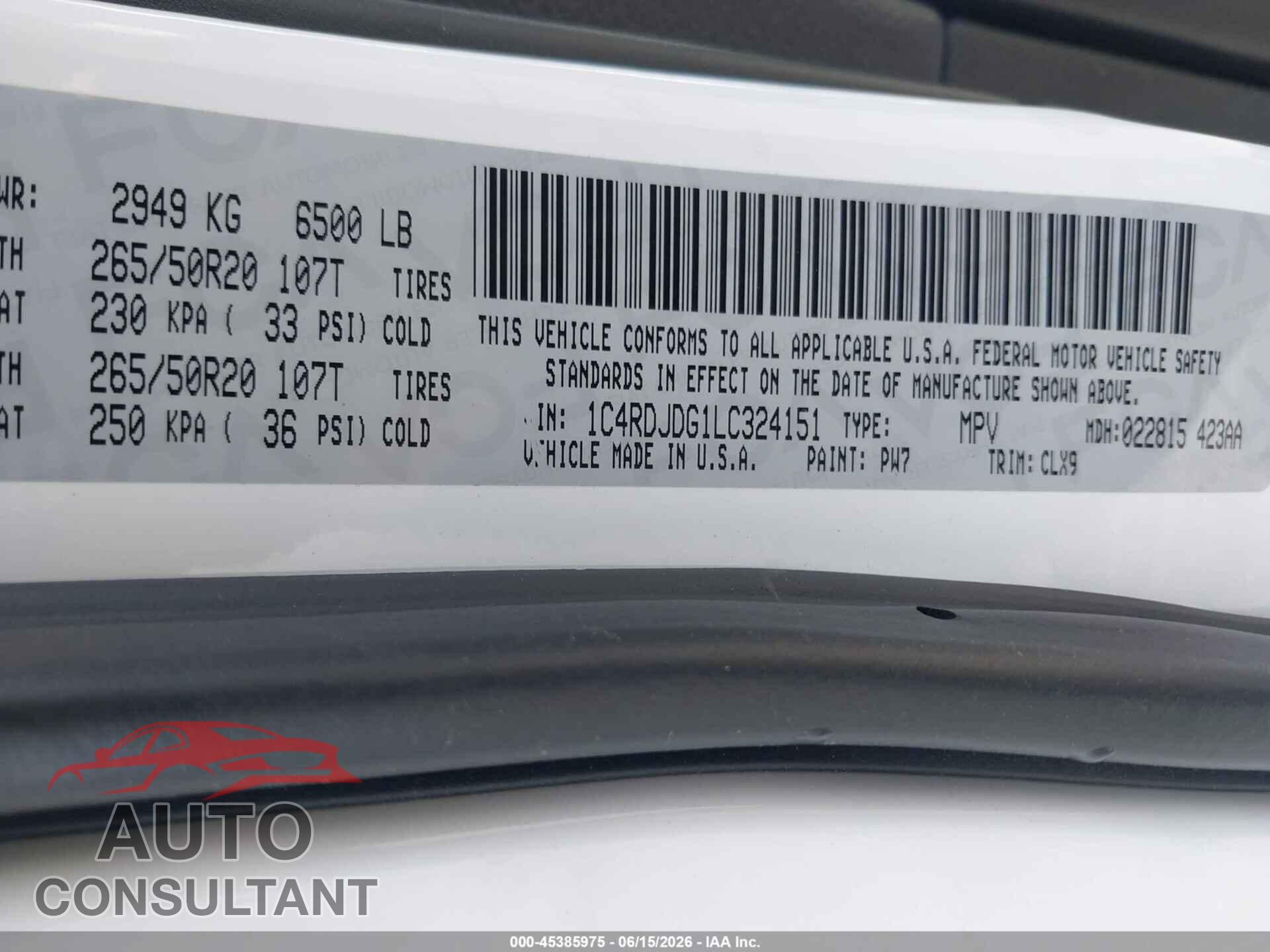 DODGE DURANGO 2020 - 1C4RDJDG1LC324151