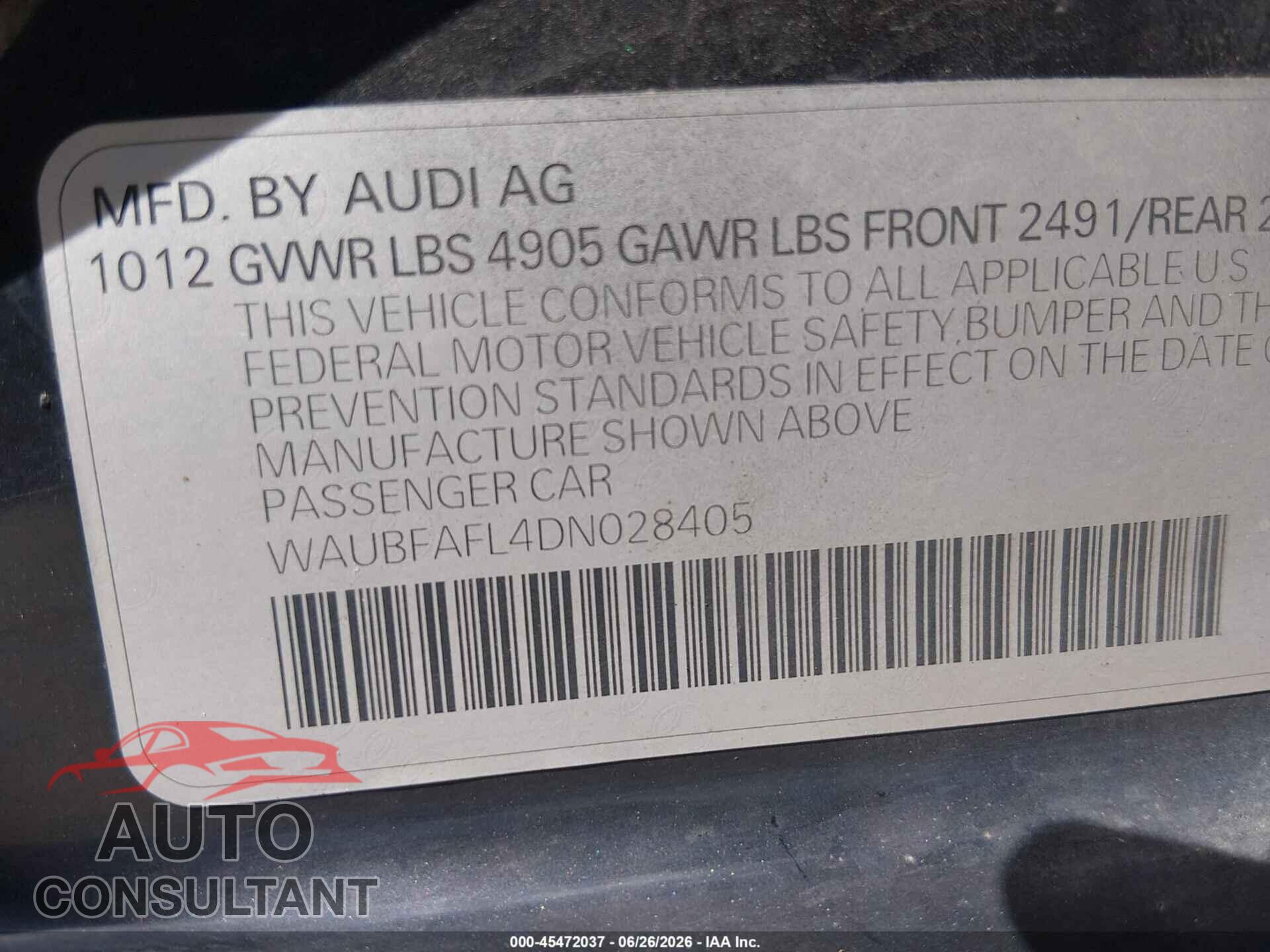 AUDI A4 2013 - WAUBFAFL4DN028405