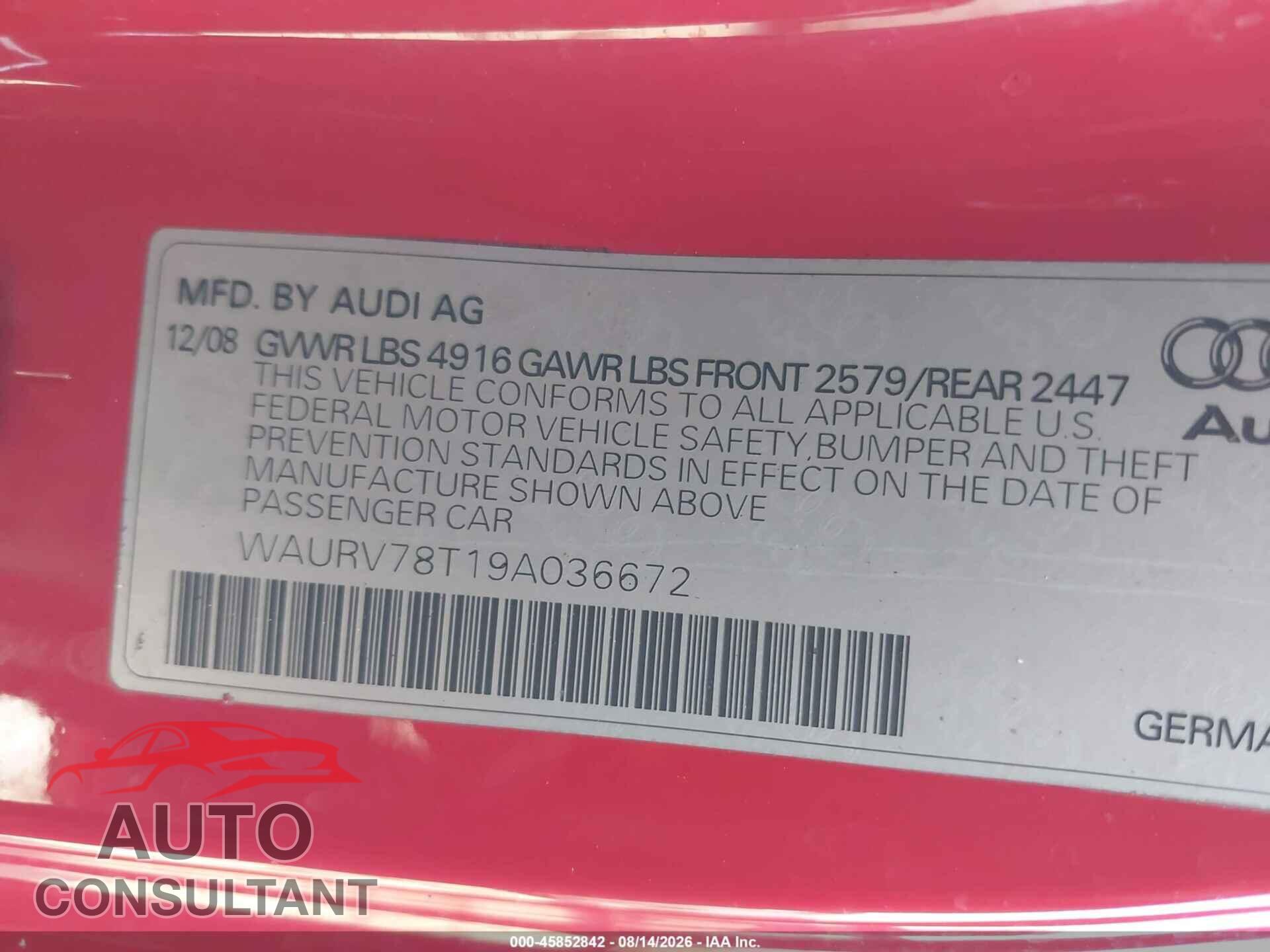 AUDI S5 2009 - WAURV78T19A036672