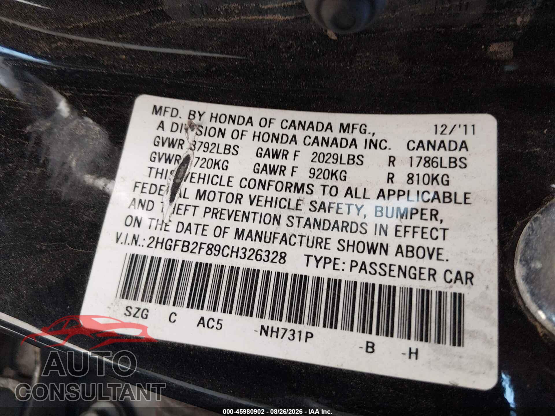 HONDA CIVIC 2012 - 2HGFB2F89CH326328