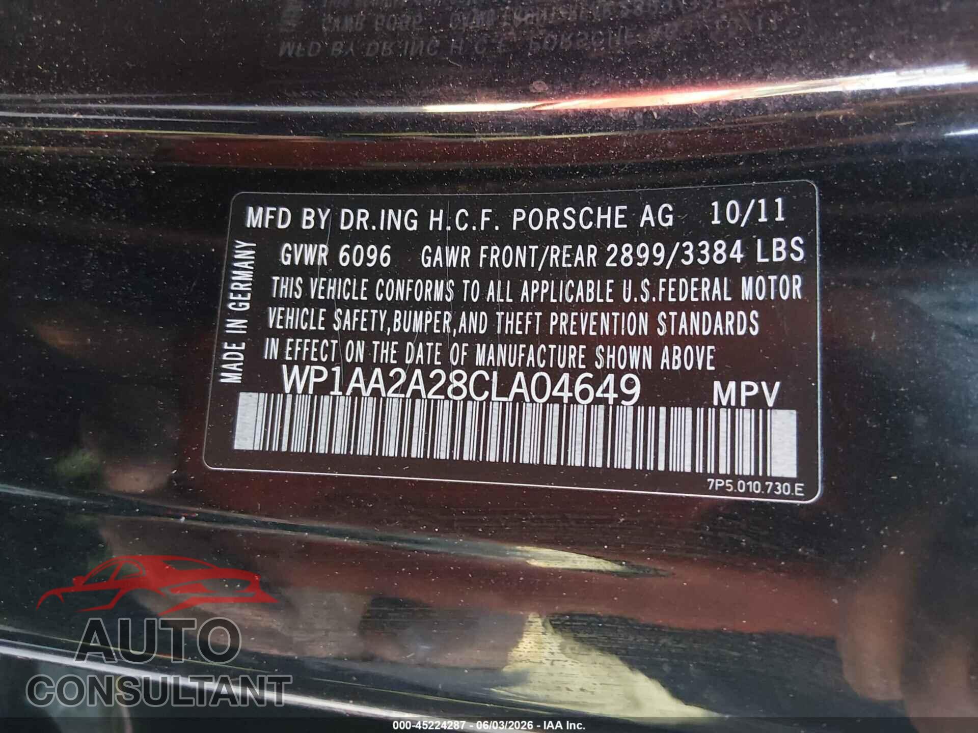 PORSCHE CAYENNE 2012 - WP1AA2A28CLA04649