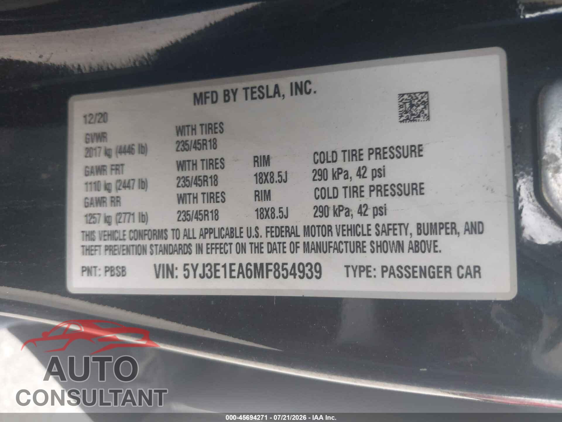 TESLA MODEL 3 2021 - 5YJ3E1EA6MF854939