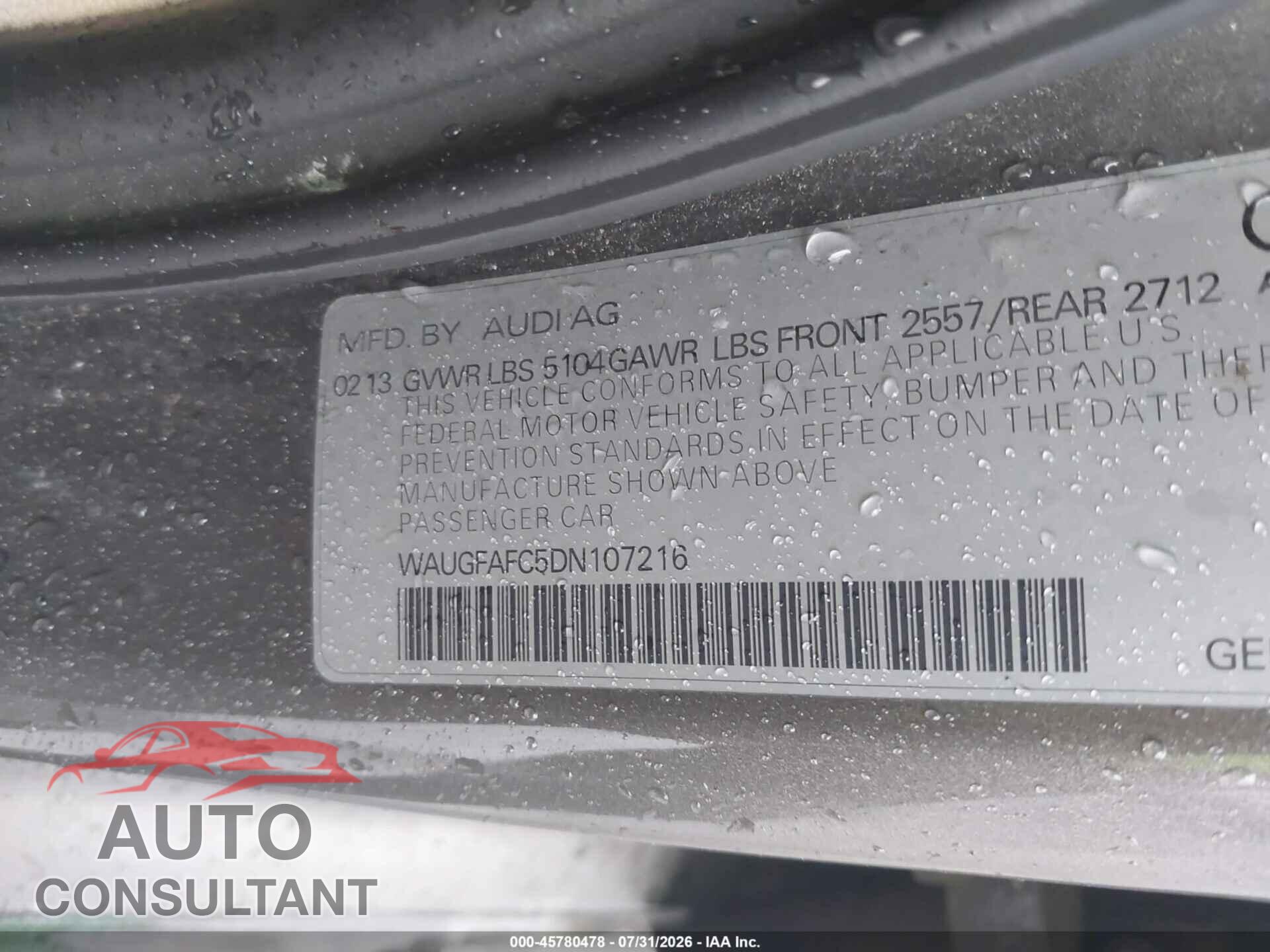 AUDI A6 2013 - WAUGFAFC5DN107216