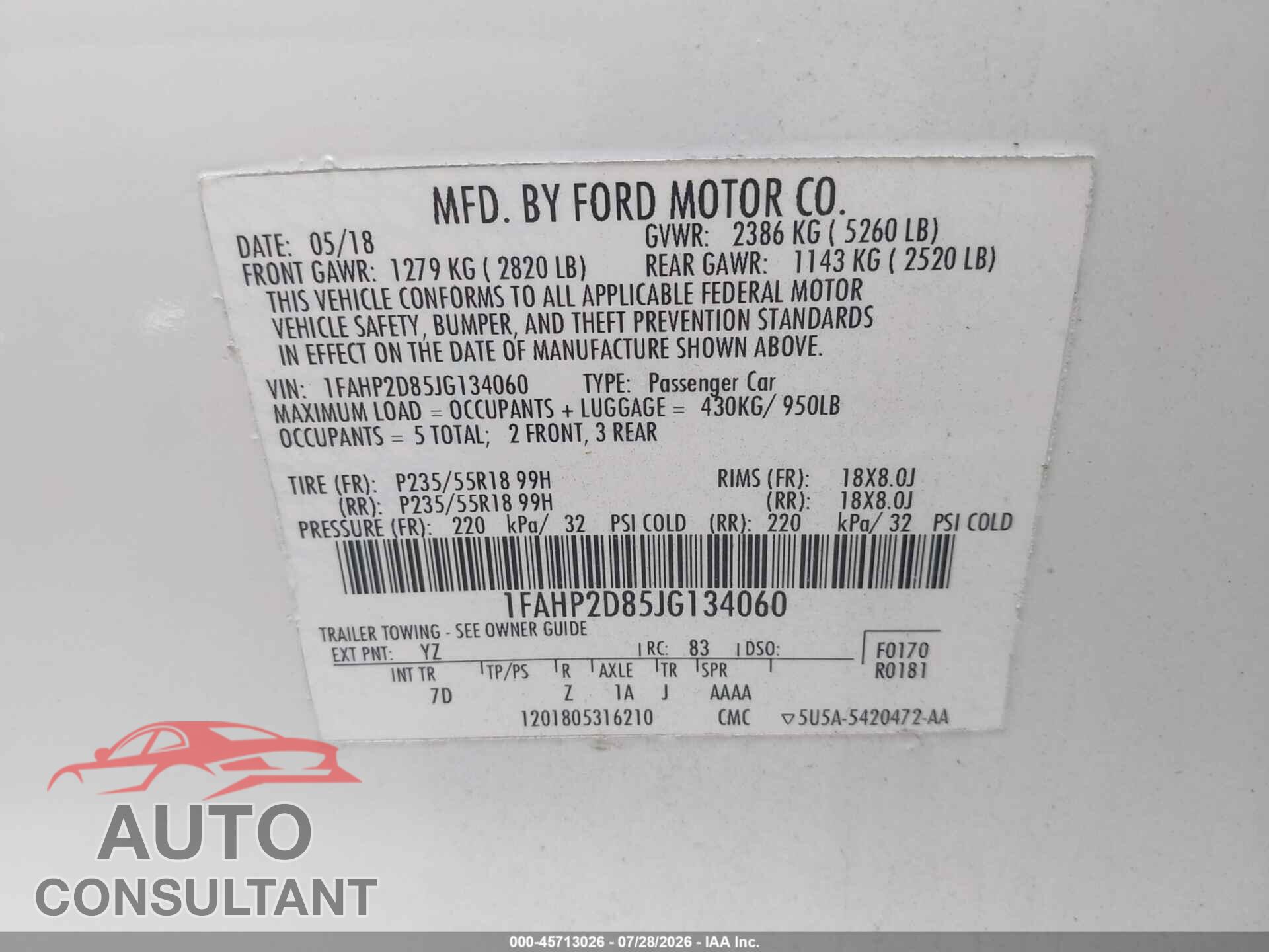 FORD TAURUS 2018 - 1FAHP2D85JG134060