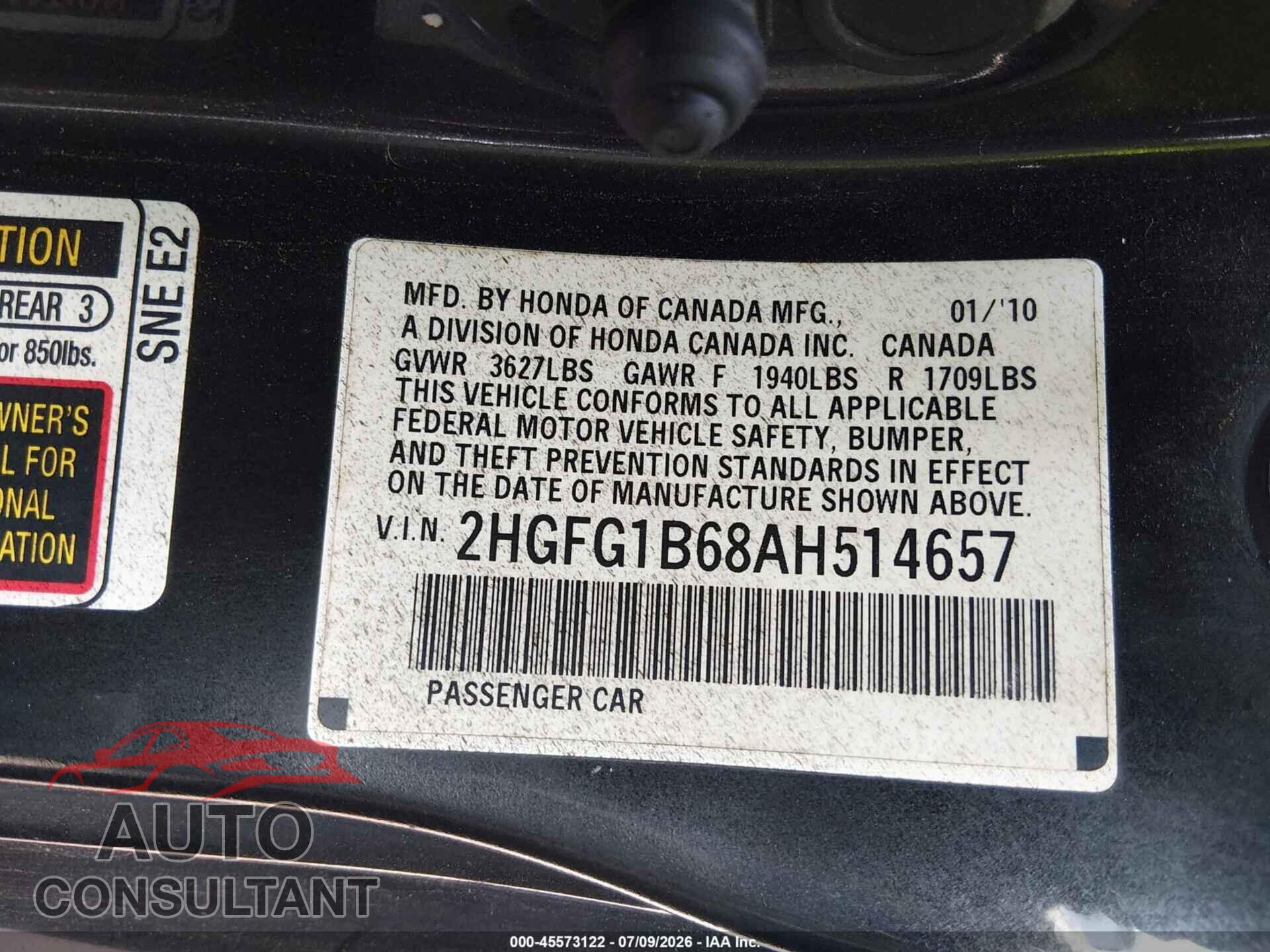 HONDA CIVIC 2010 - 2HGFG1B68AH514657