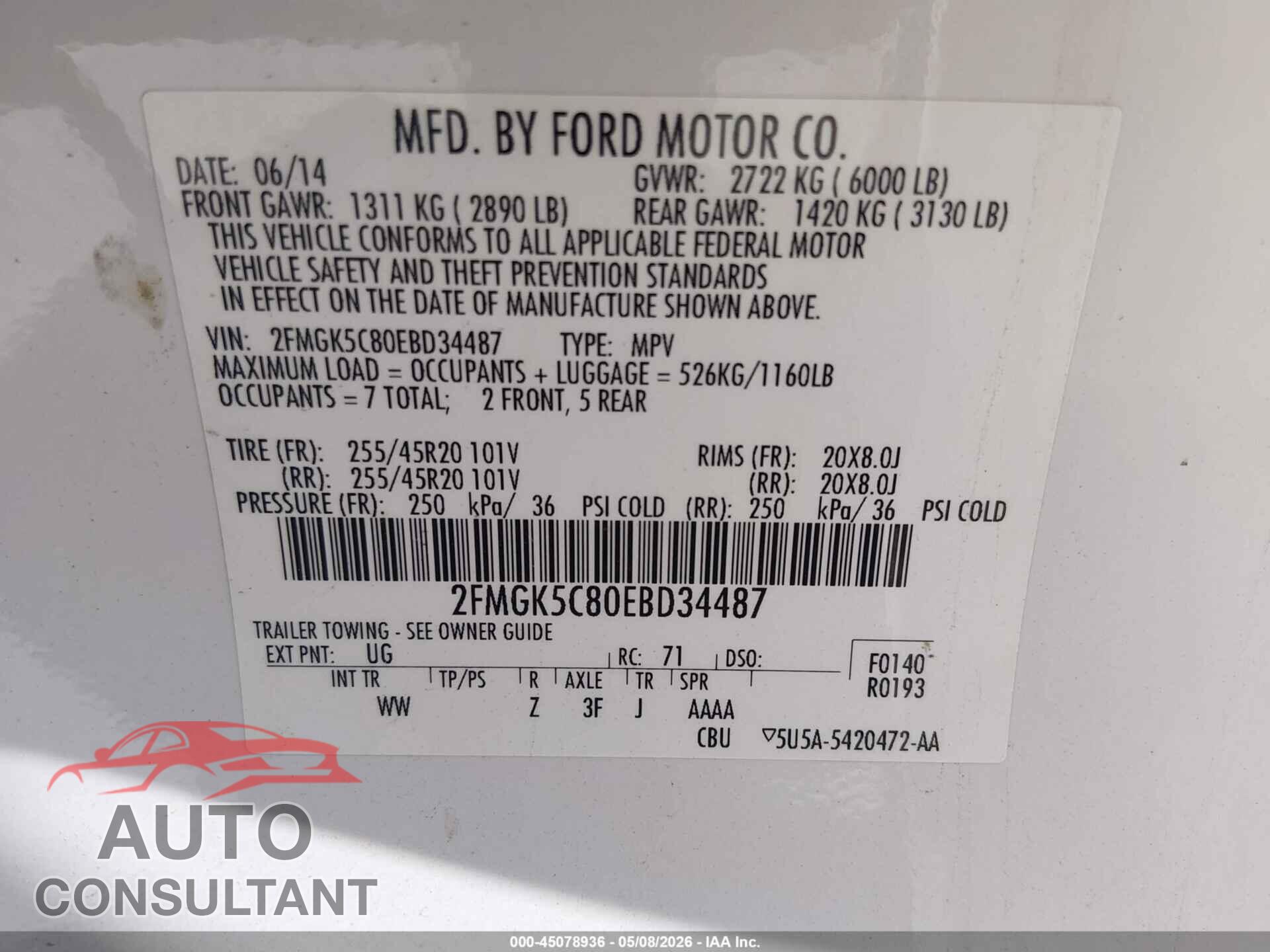 FORD FLEX 2014 - 2FMGK5C80EBD34487