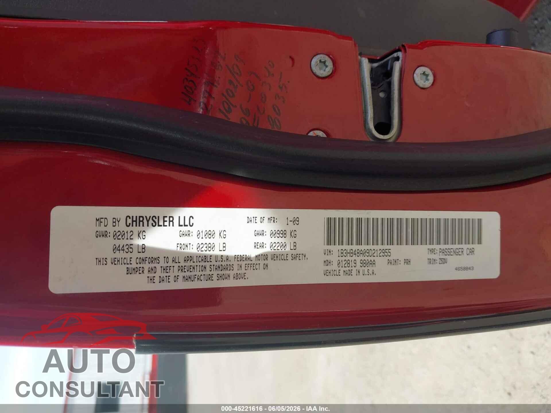 DODGE CALIBER 2009 - 1B3HB48A09D212955