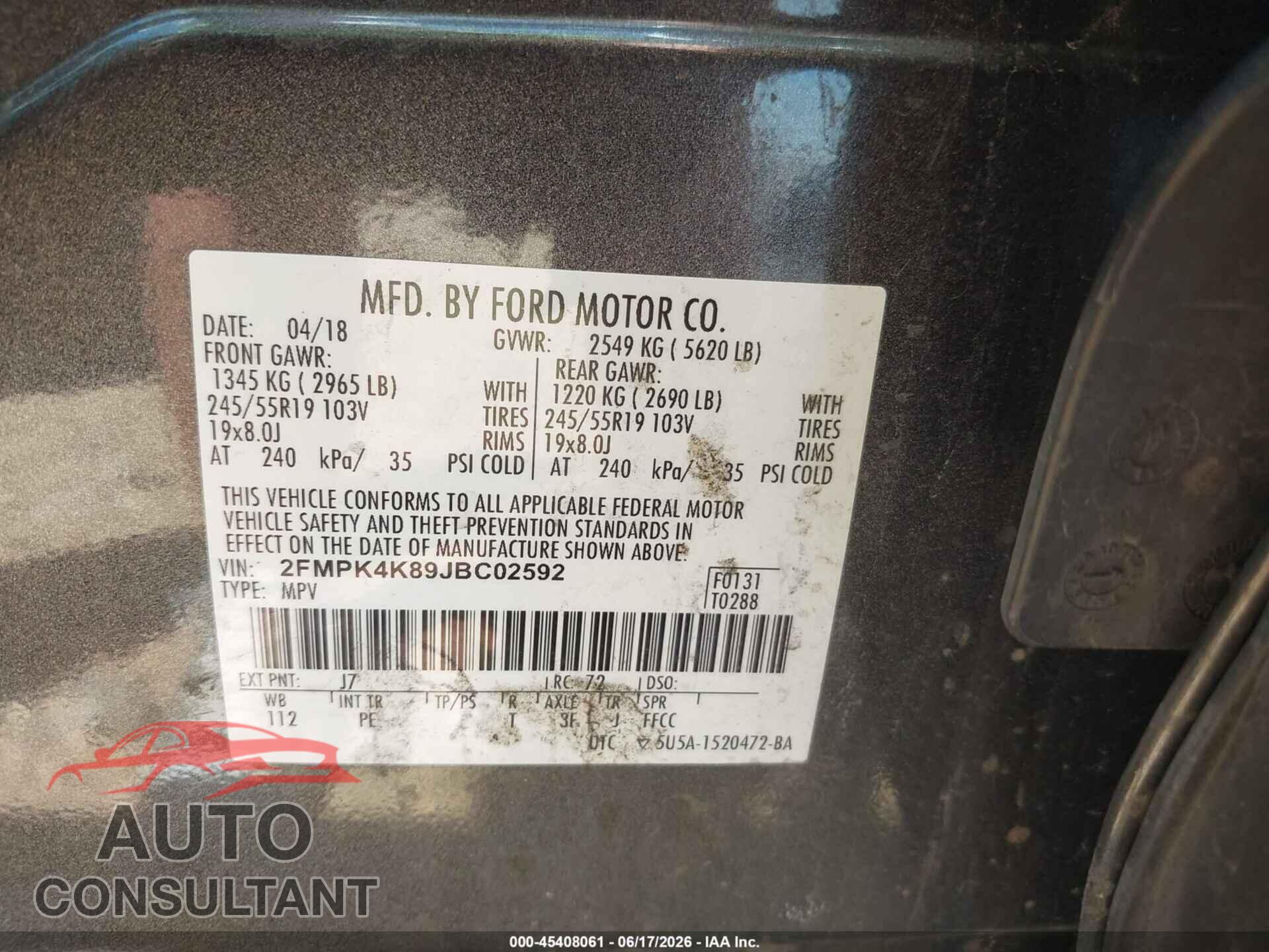 FORD EDGE 2018 - 2FMPK4K89JBC02592
