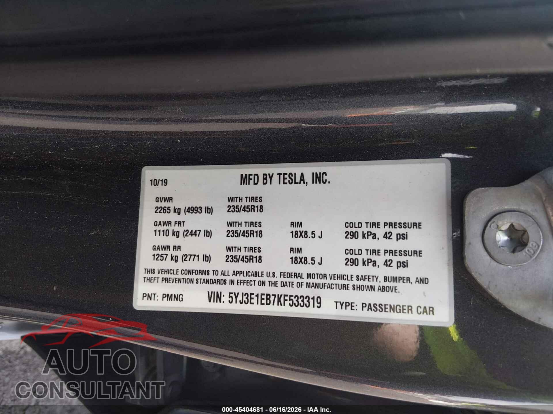 TESLA MODEL 3 2019 - 5YJ3E1EB7KF533319