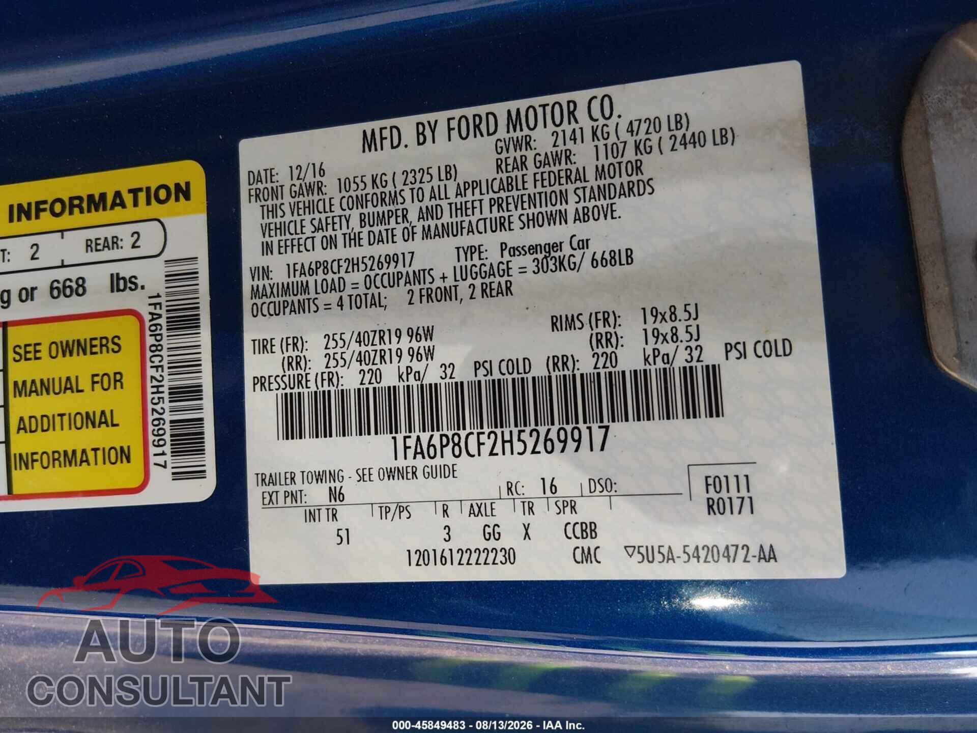 FORD MUSTANG 2017 - 1FA6P8CF2H5269917