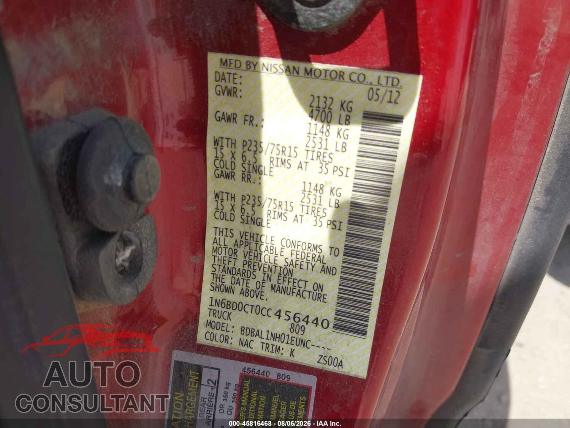 NISSAN FRONTIER 2012 - 1N6BD0CT0CC456440