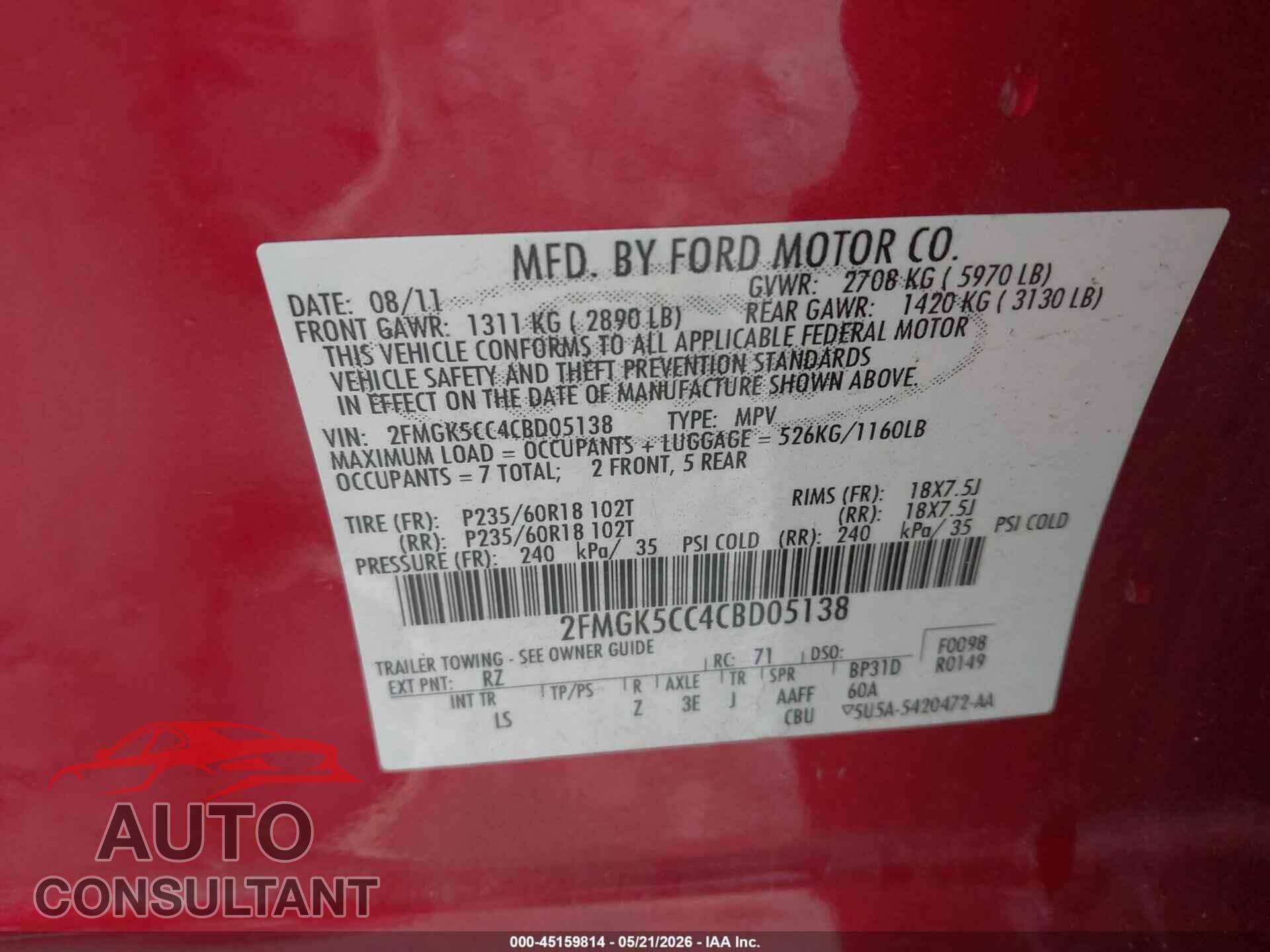 FORD FLEX 2012 - 2FMGK5CC4CBD05138
