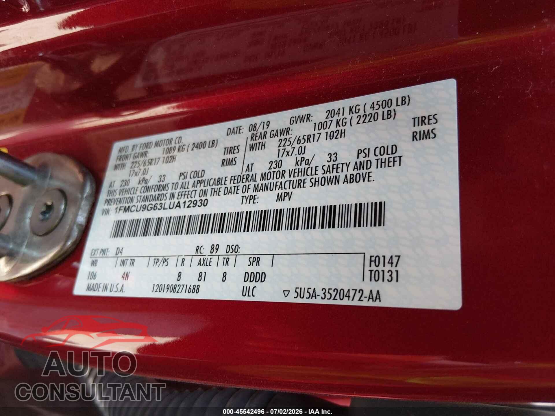 FORD ESCAPE 2020 - 1FMCU9G63LUA12930
