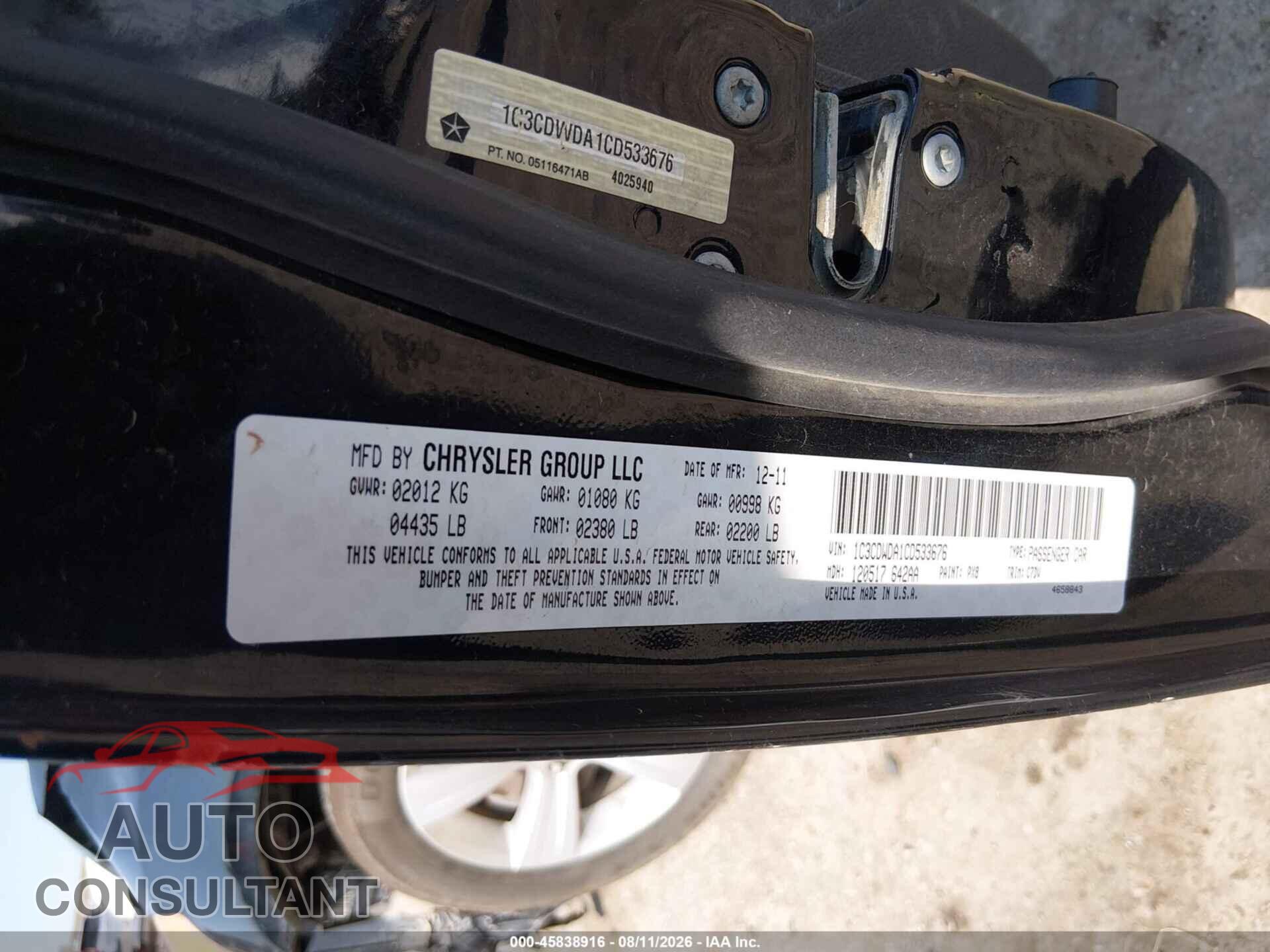 DODGE CALIBER 2012 - 1C3CDWDA1CD533676