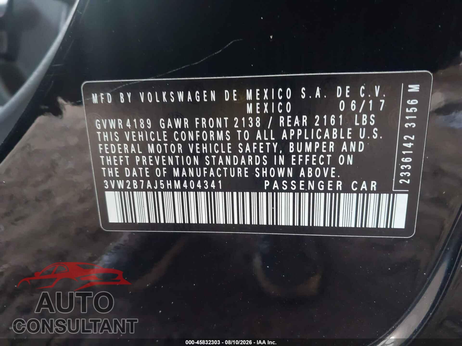 VOLKSWAGEN JETTA 2017 - 3VW2B7AJ5HM404341