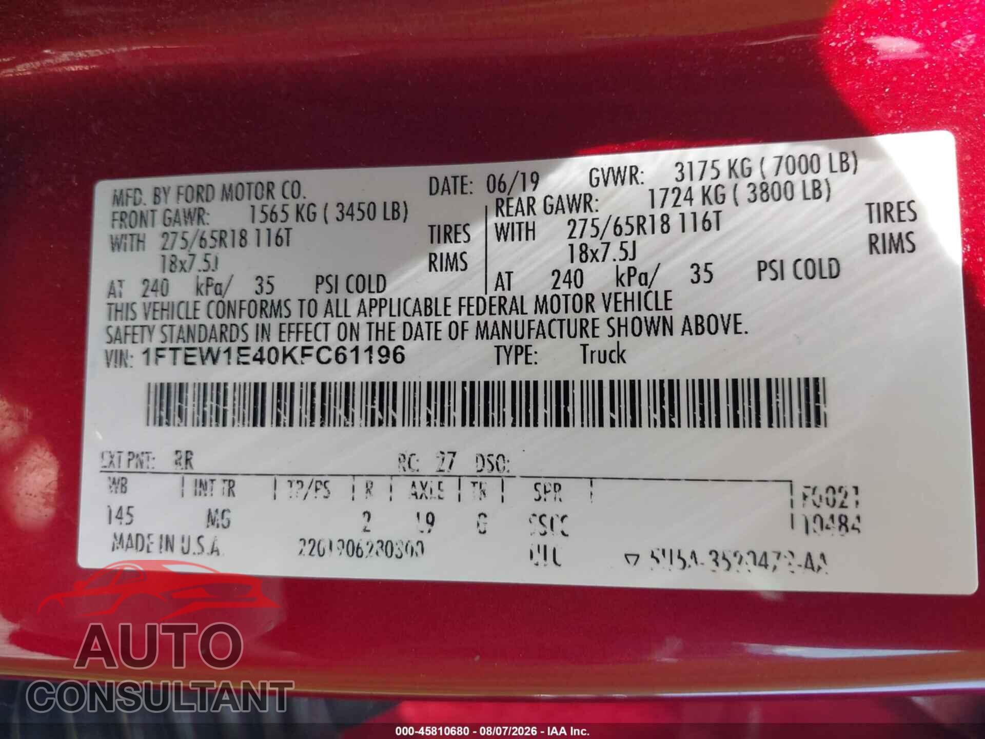 FORD F-150 2019 - 1FTEW1E40KFC61196