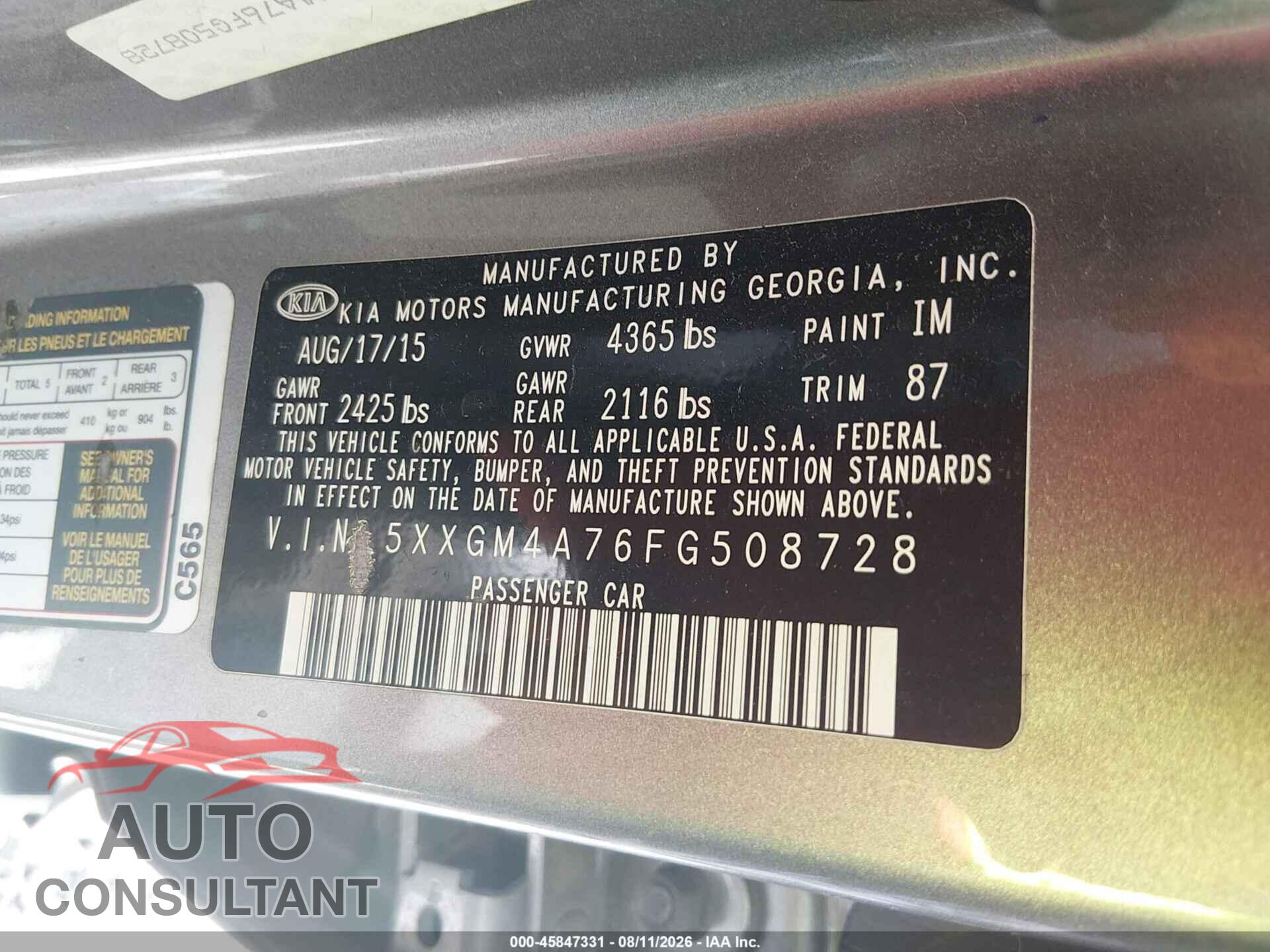 KIA OPTIMA 2015 - 5XXGM4A76FG508728