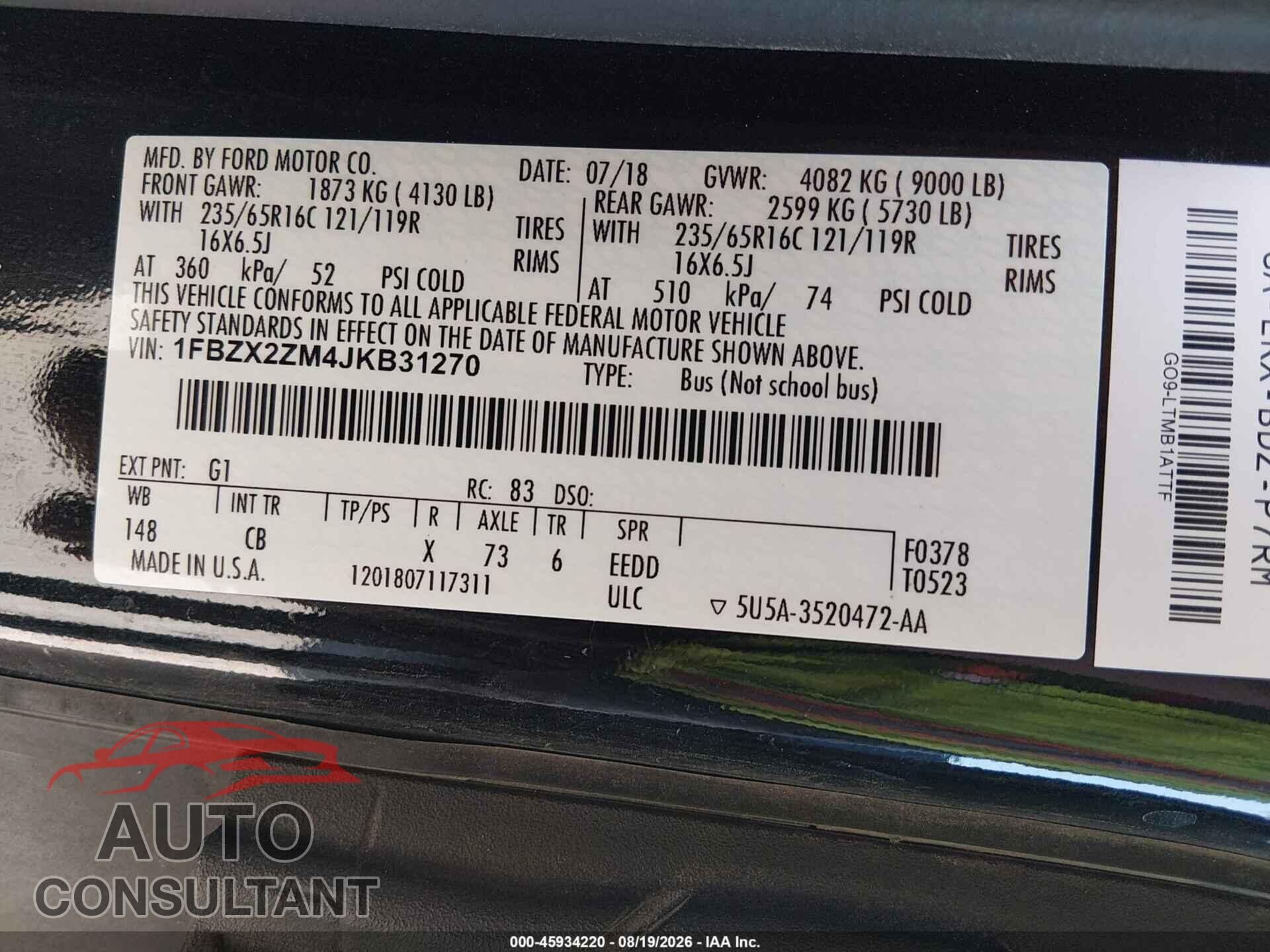 FORD TRANSIT-350 2018 - 1FBZX2ZM4JKB31270